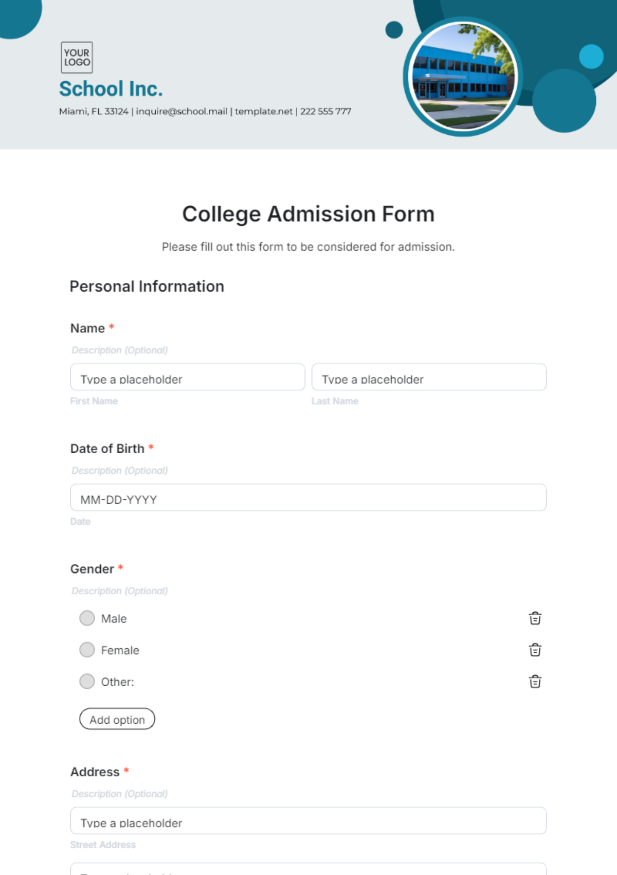 Free College Admission Form Template