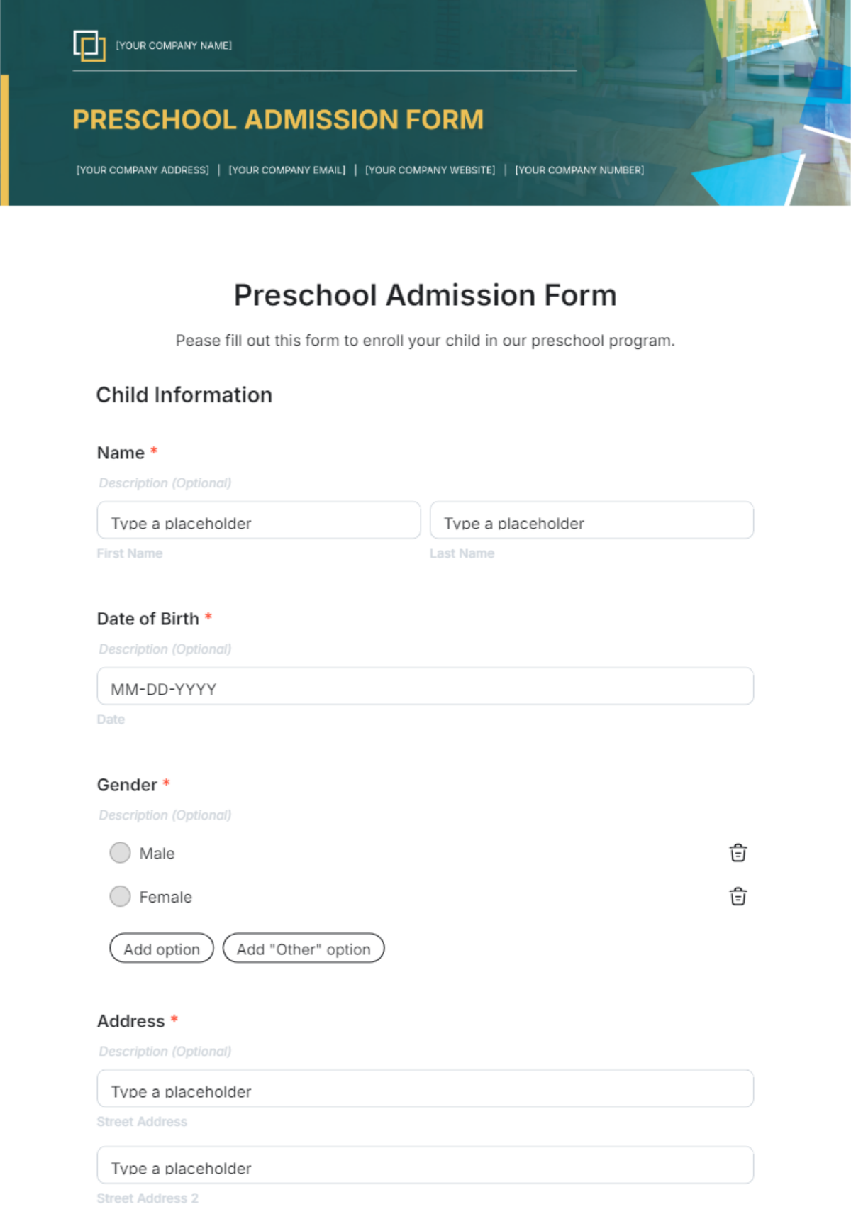 Free Preschool Admission Form Template