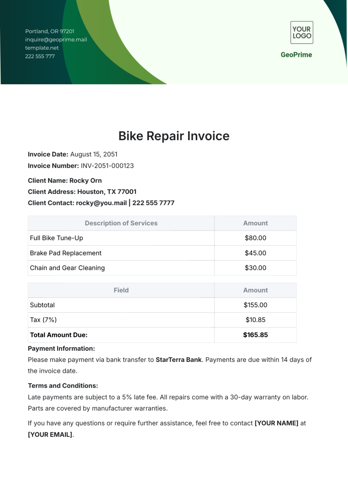 Bike Repair Invoice Template - Edit Online & Download