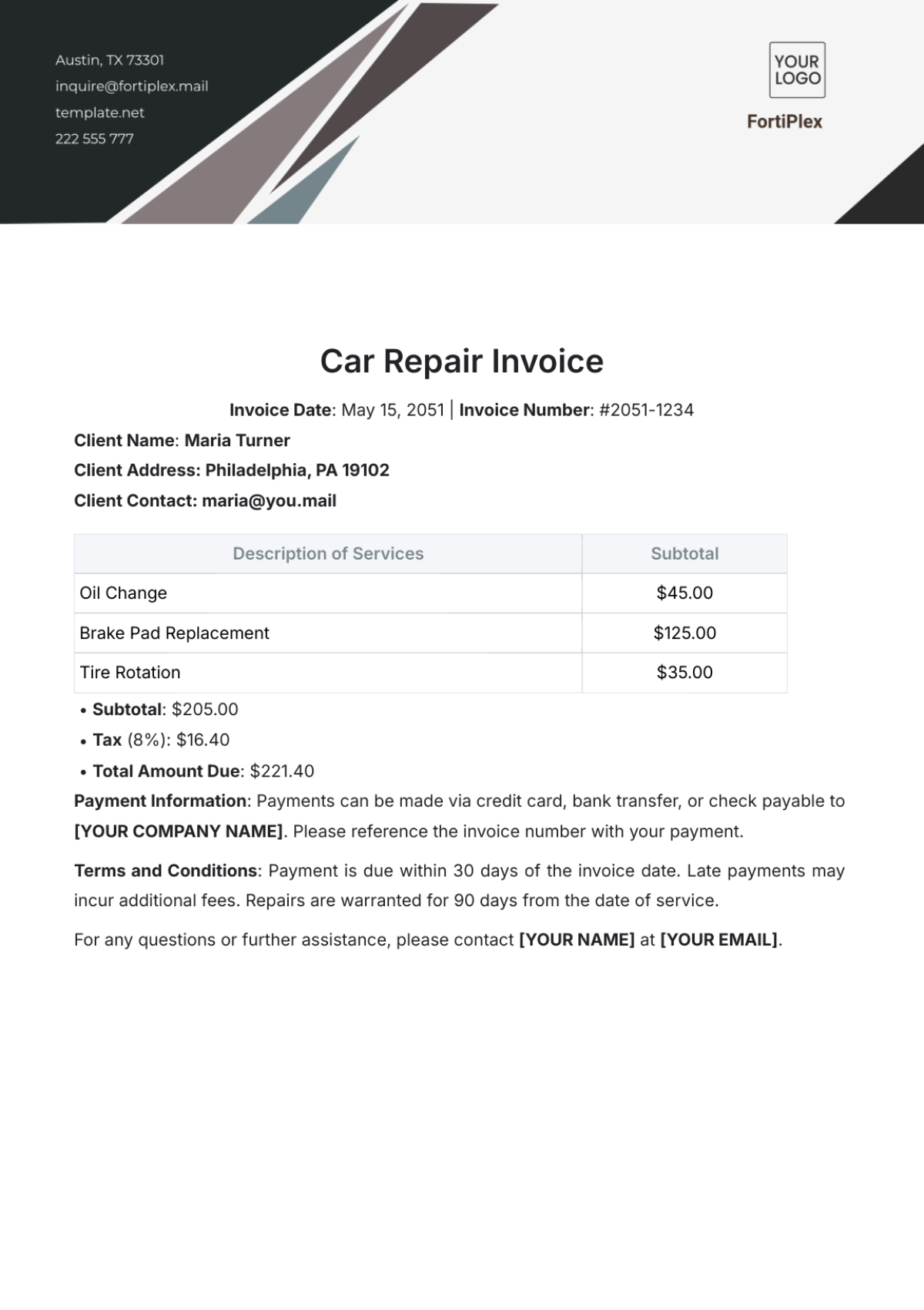 Car Repair Invoice Template - Edit Online & Download