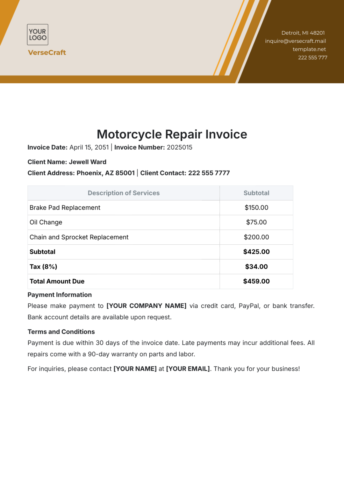 Motorcycle Repair Invoice Template - Edit Online & Download