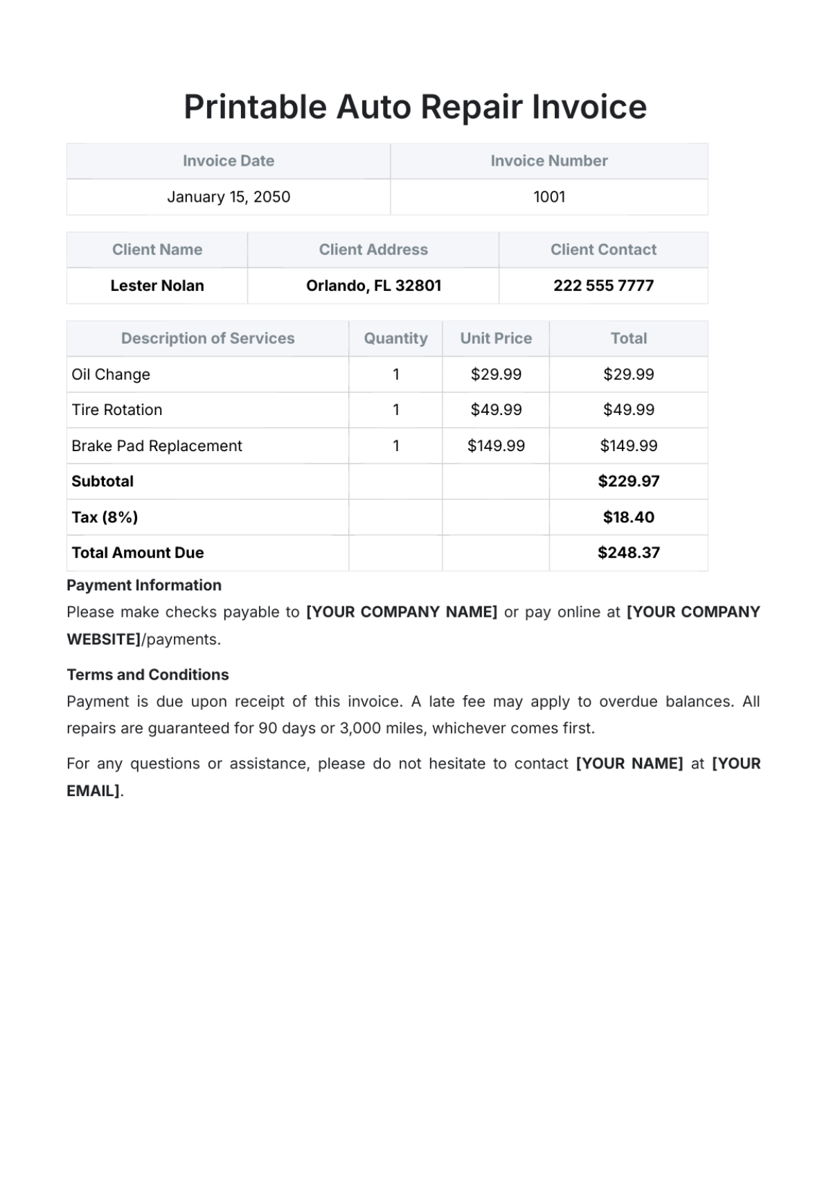 Printable Auto Repair Invoice Template - Edit Online & Download