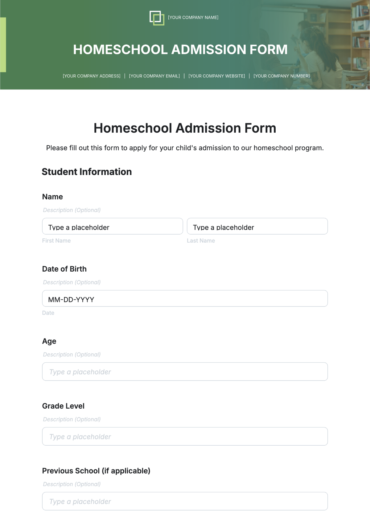 Free Homeschool Admission Form Template