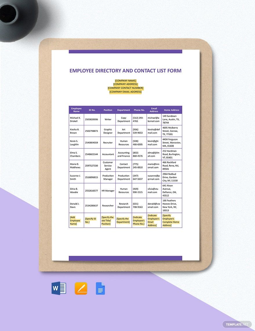 Employee Directory and Contact List Form Template in Word, Pages, Google Docs - Download | Template.net