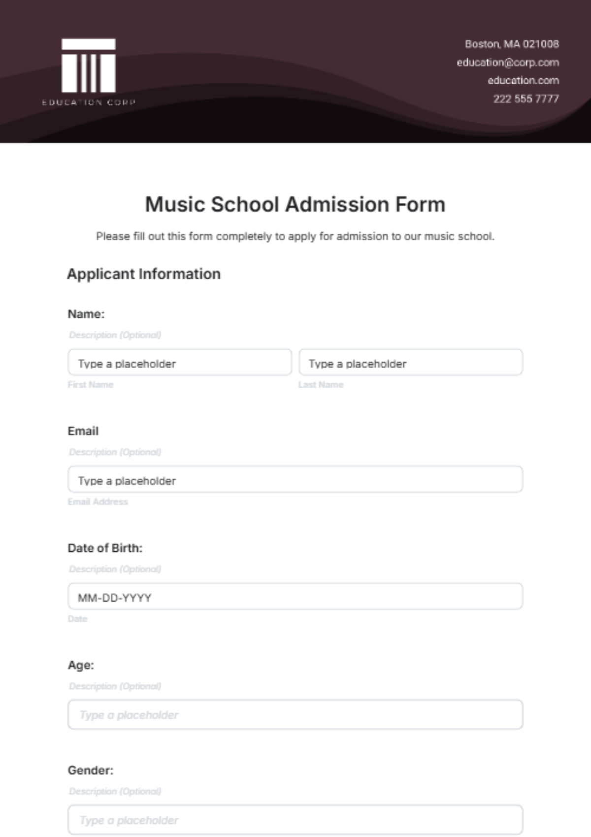 Free Music School Admission Form Template