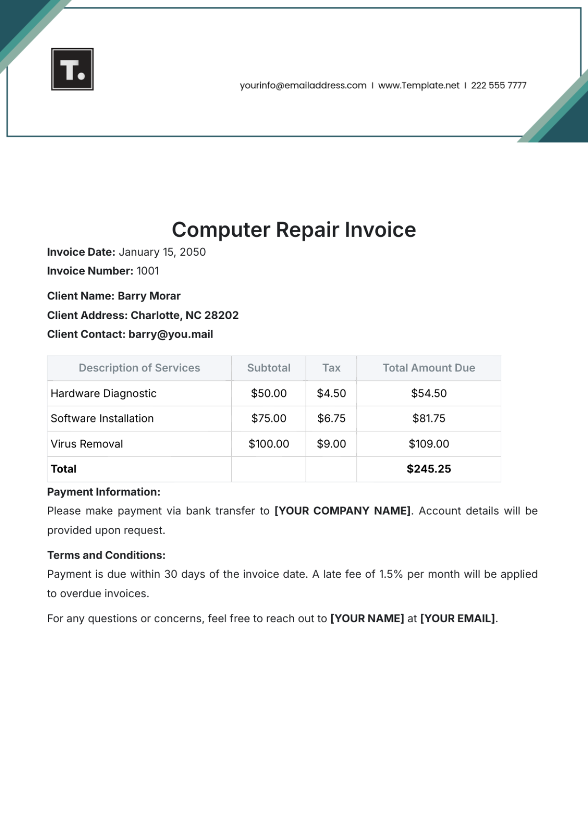 Computer Repair Invoice Template - Edit Online & Download