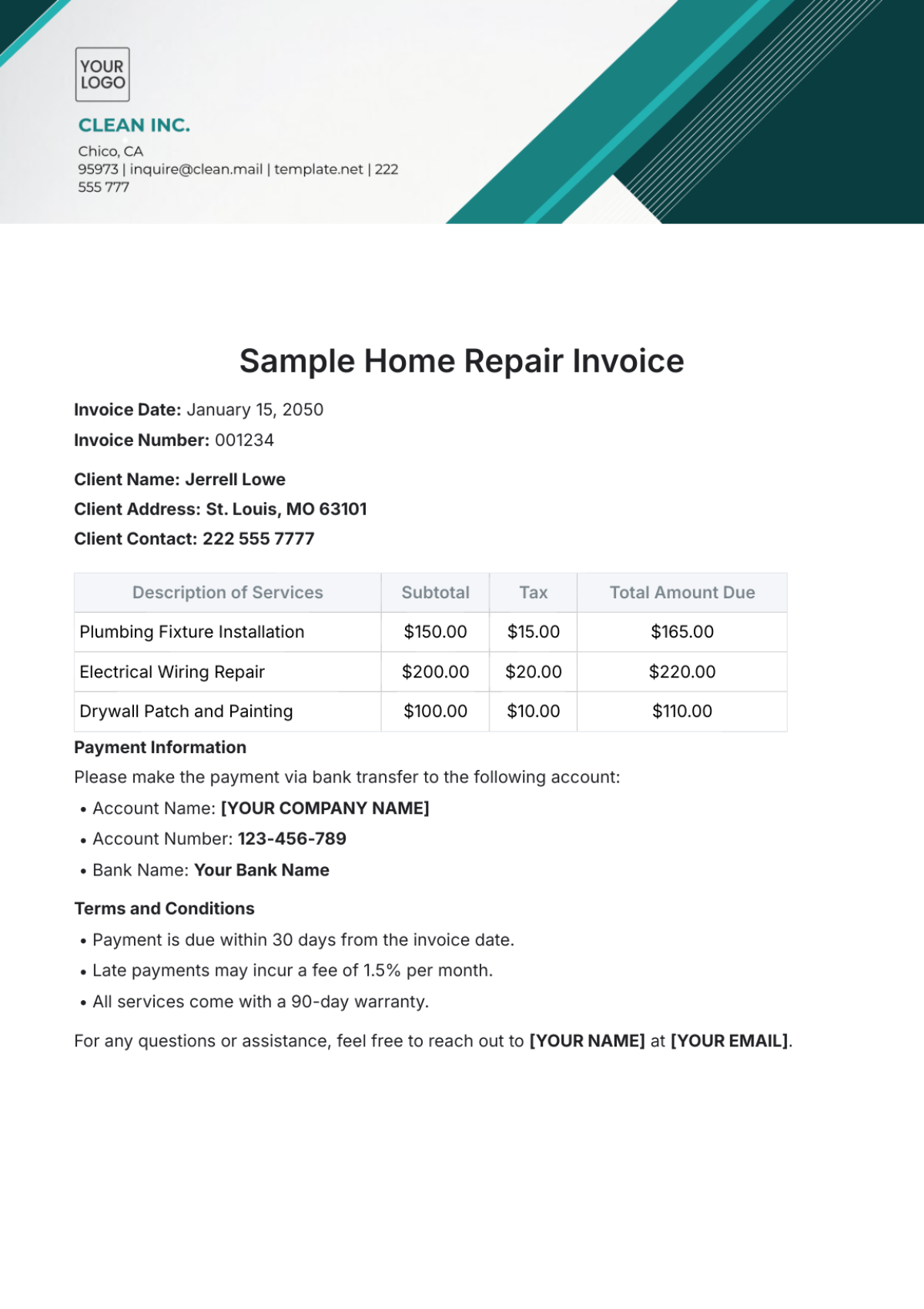 Sample Home Repair Invoice Template - Edit Online & Download