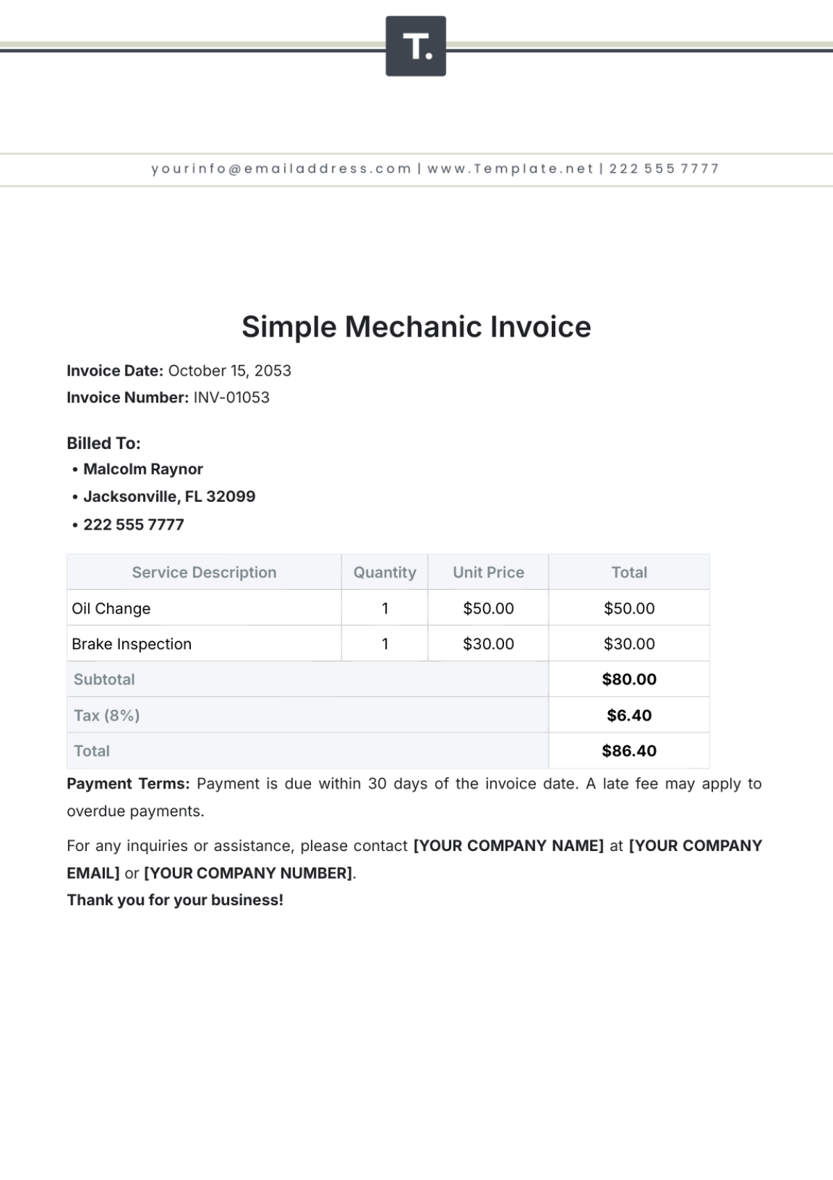 Simple Mechanic Invoice Template - Edit Online & Download