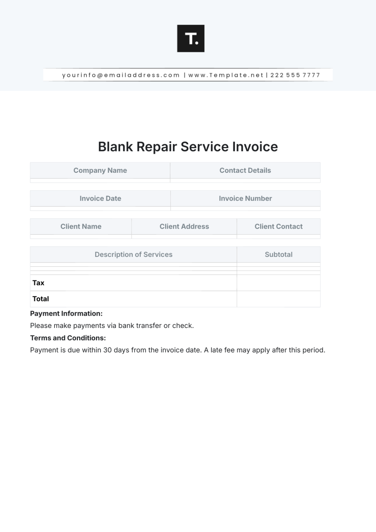 Blank Repair Service Invoice Template - Edit Online & Download