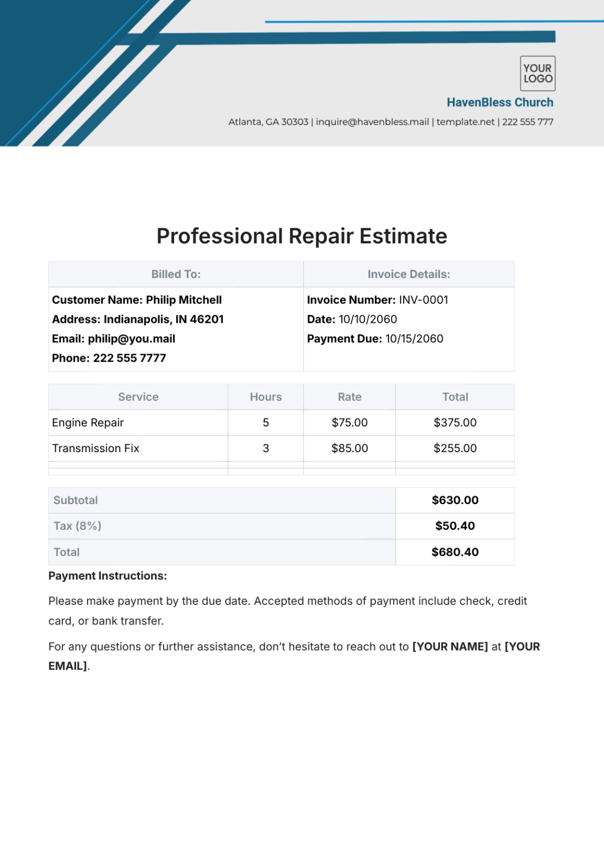 Professional Repair Estimate Template - Edit Online & Download