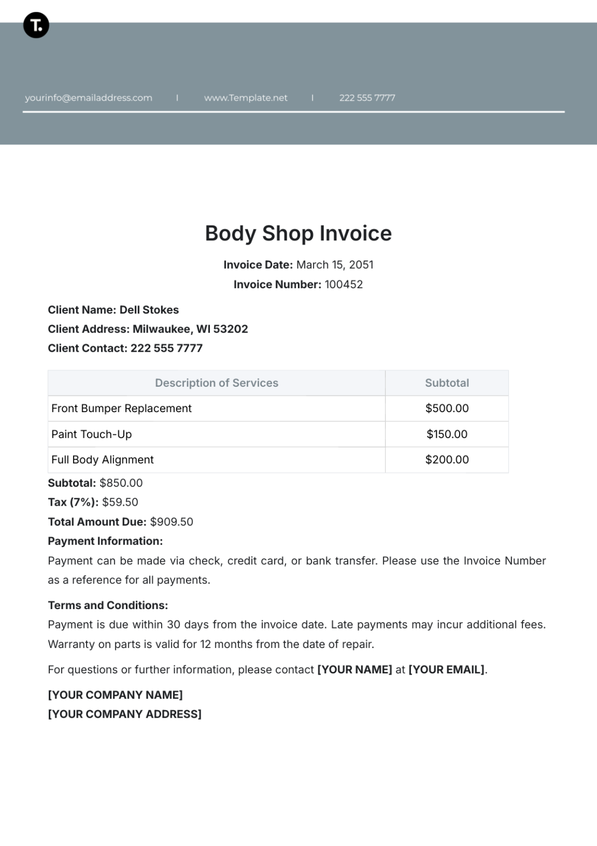 Body Shop Invoice Template - Edit Online & Download