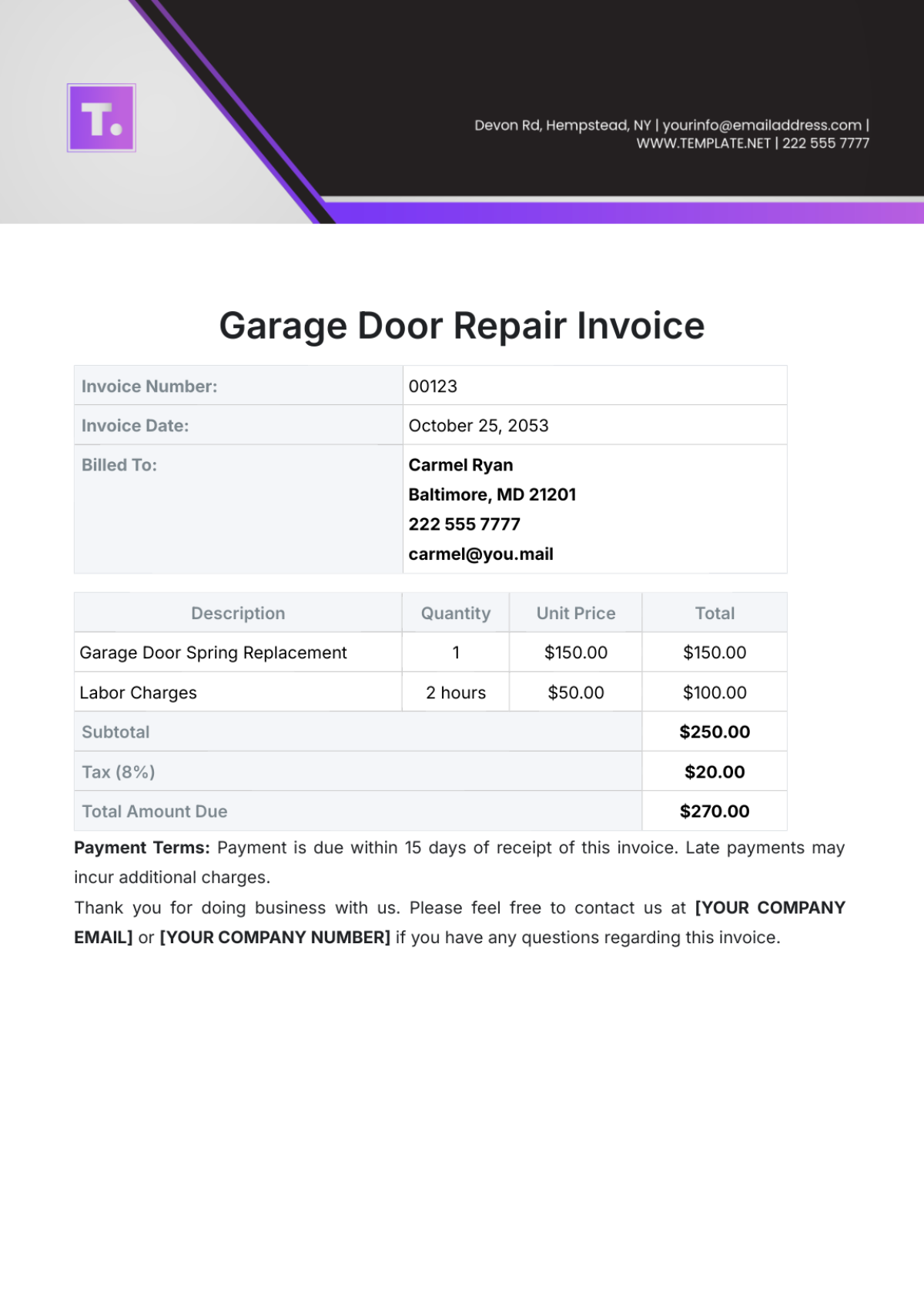 Garage Door Repair Invoice Template - Edit Online & Download