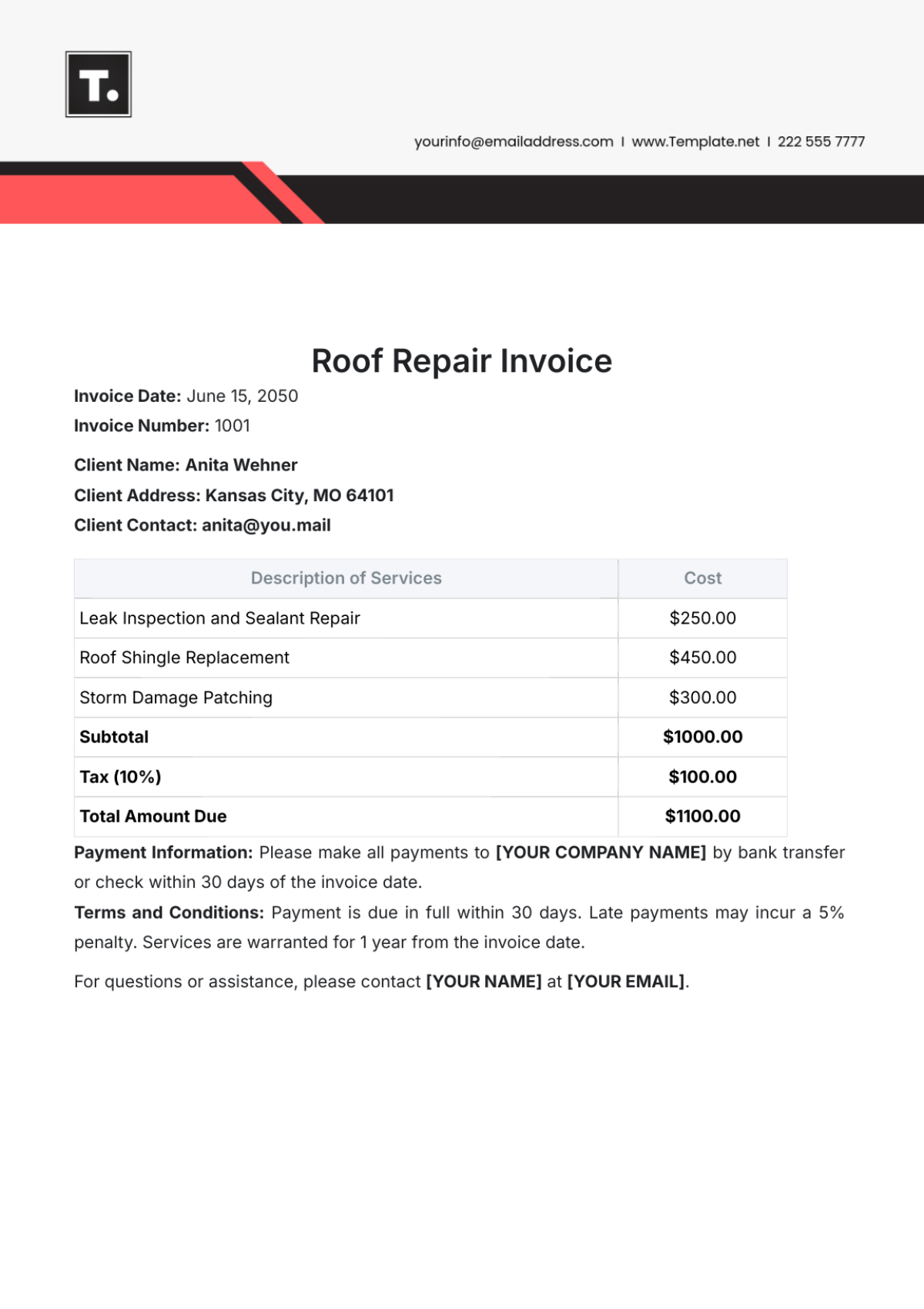 Roof Repair Invoice Template - Edit Online & Download