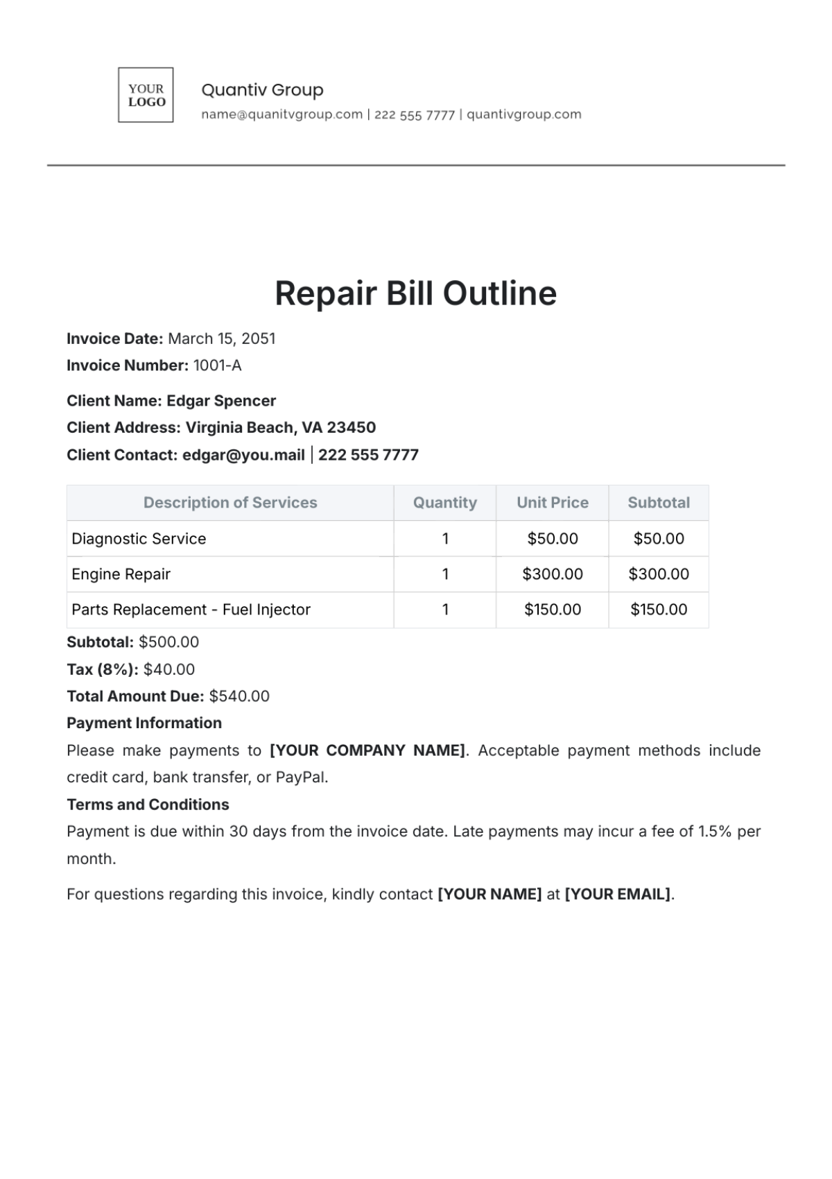 Repair Bill Outline Template - Edit Online & Download