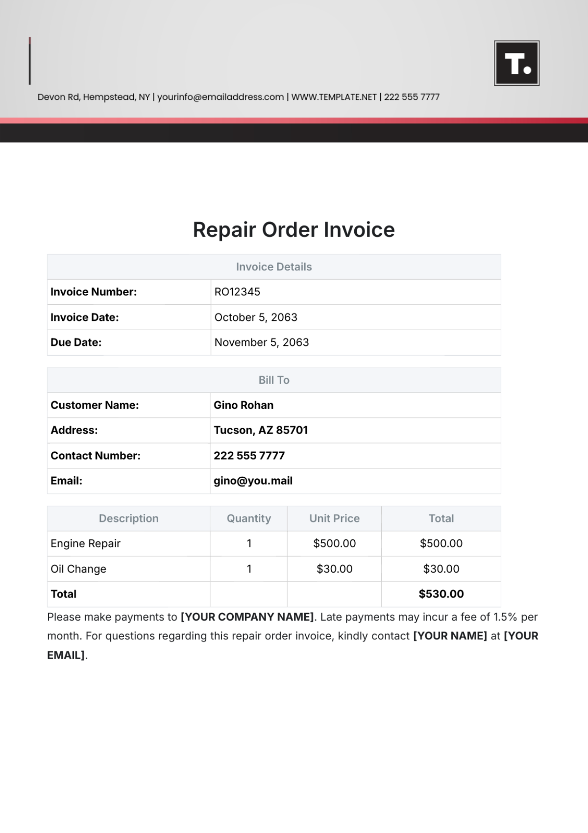 Repair Order Invoice Template - Edit Online & Download