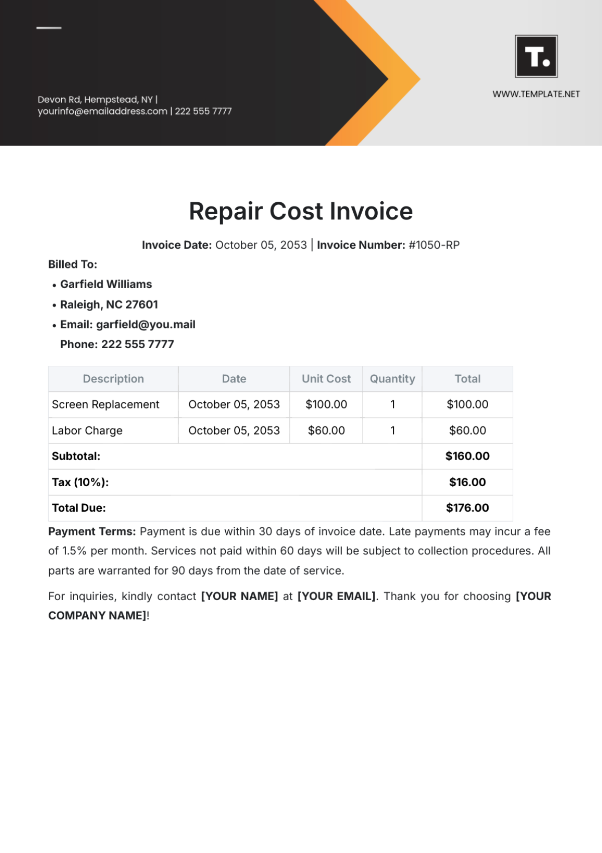 Repair Cost Invoice Template - Edit Online & Download