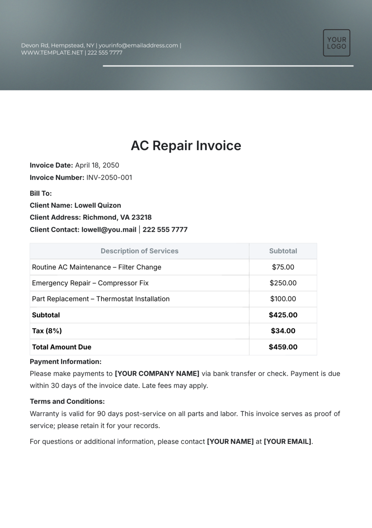 AC Repair Invoice Template - Edit Online & Download