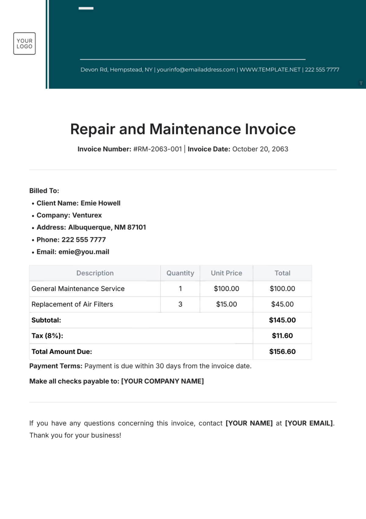 Repair and Maintenance Invoice Template - Edit Online & Download