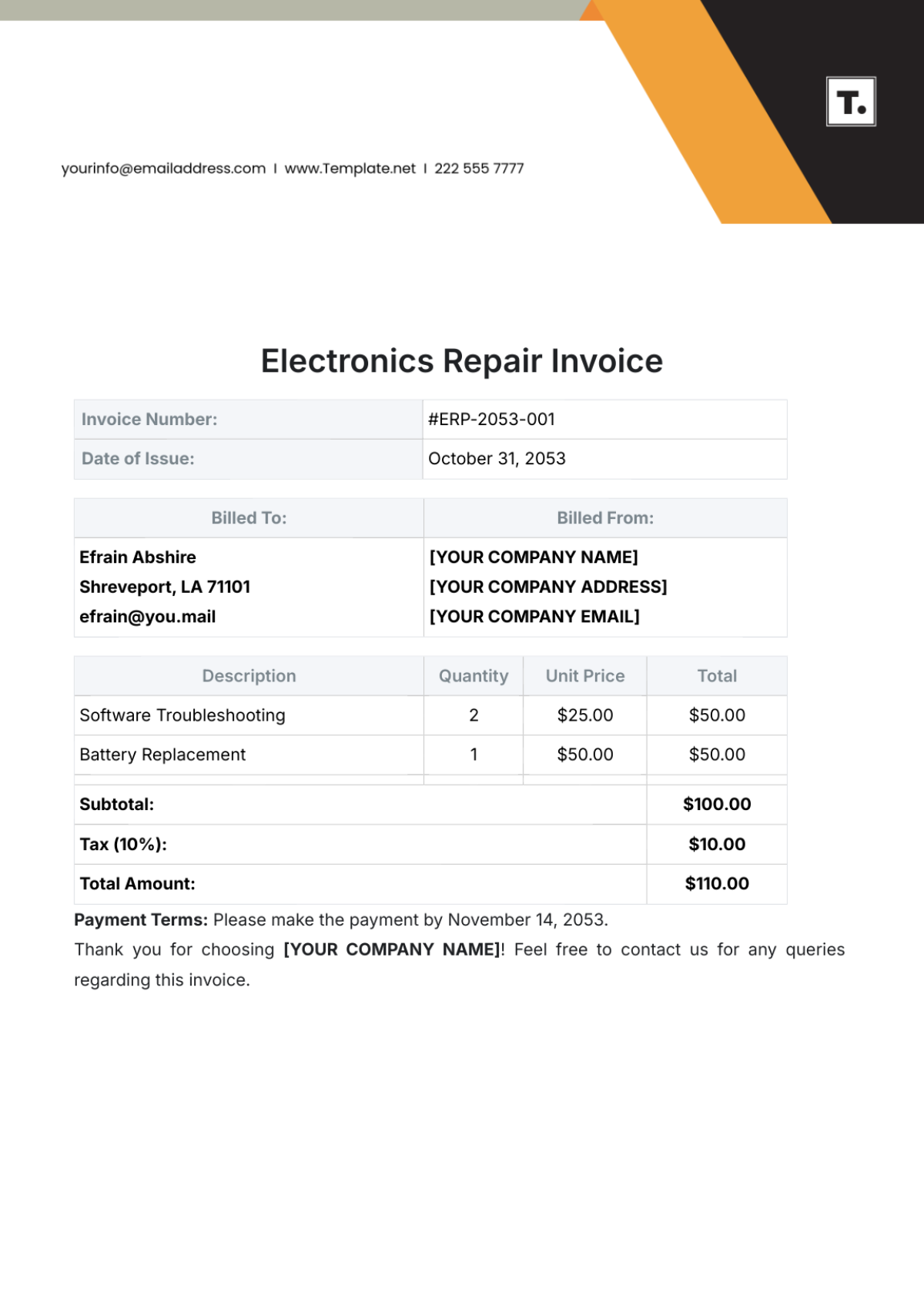 Electronics Repair Invoice Template - Edit Online & Download