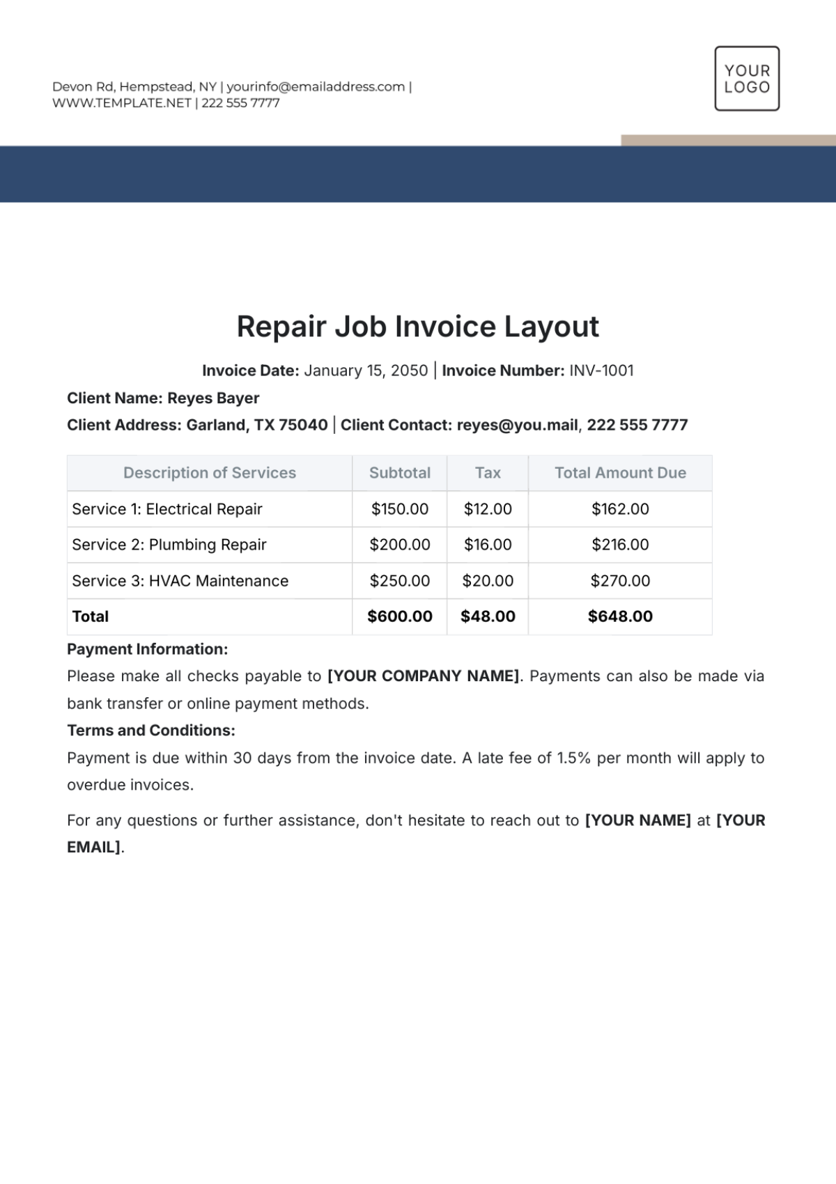 Repair Job Invoice Layout Template - Edit Online & Download