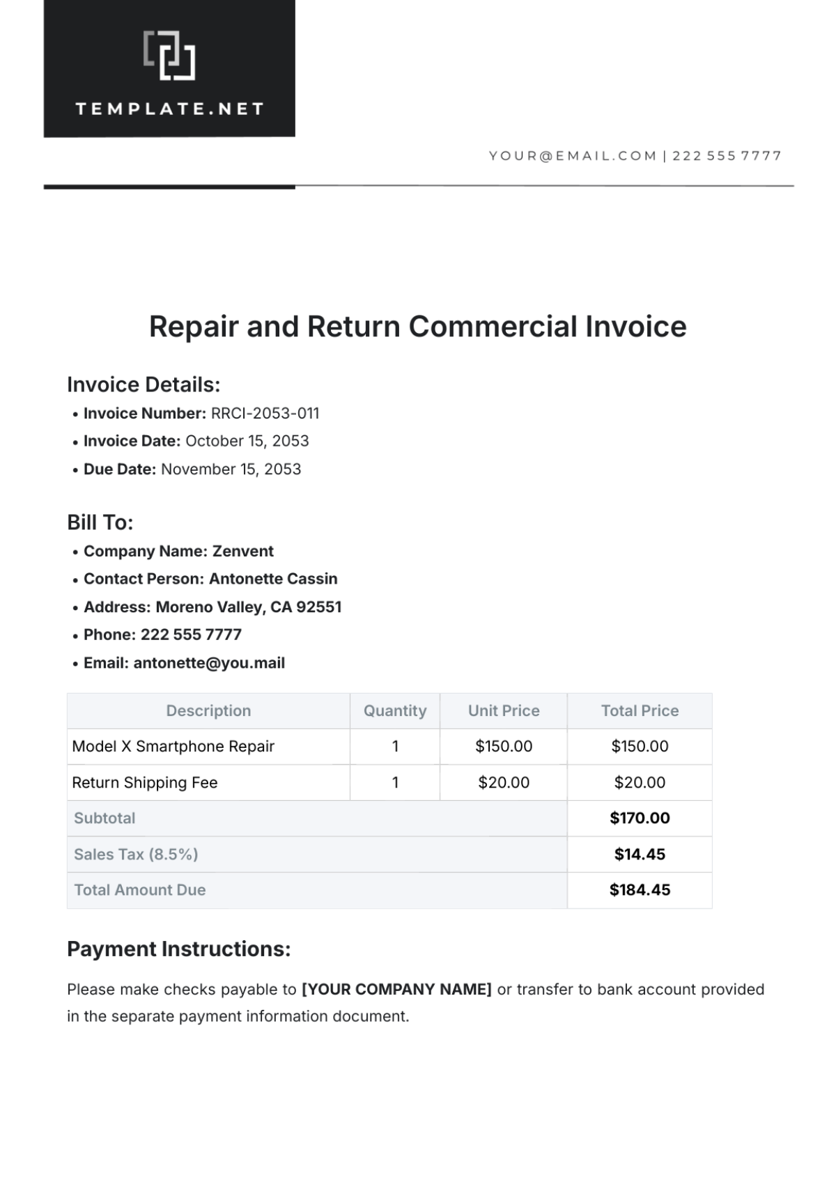 Repair and Return Commercial Invoice Template - Edit Online & Download