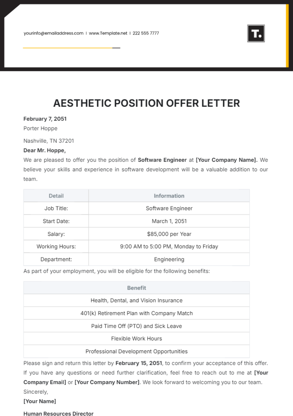 Free Aesthetic Position Offer Letter Template