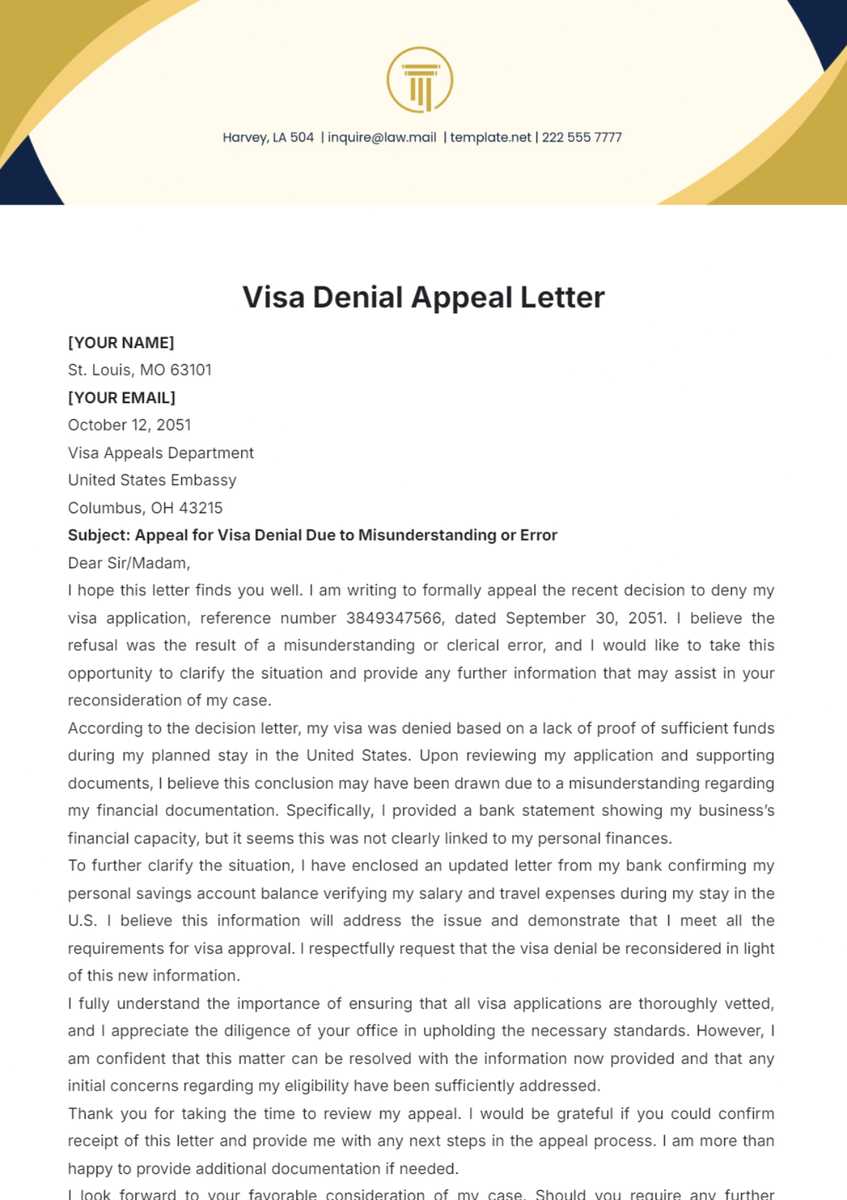 Free Visa Denial Appeal Letter Template