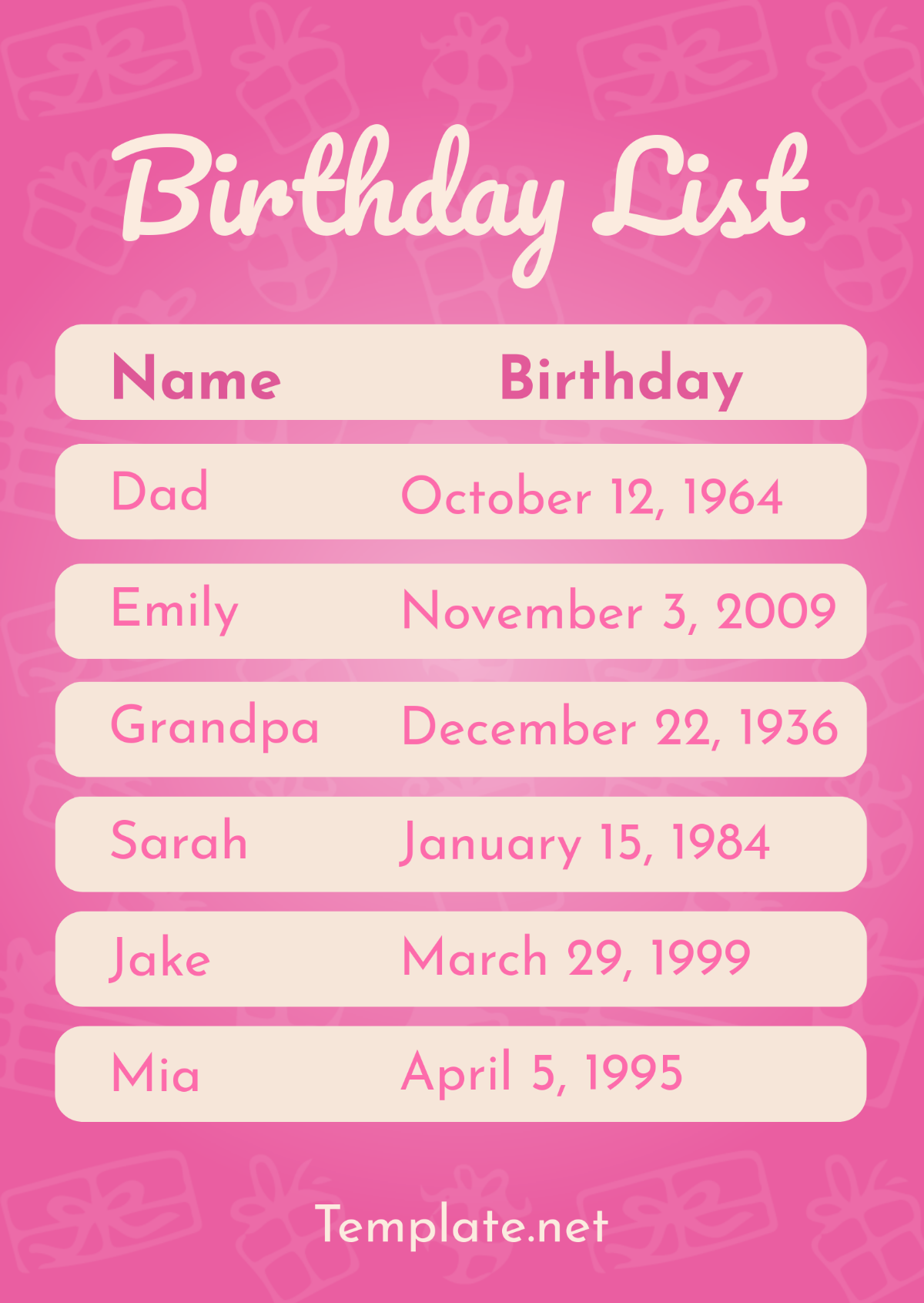 Free Birthday List Template - Edit Online & Download