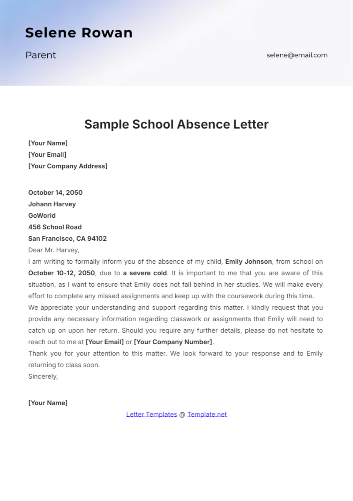 Sample School Absence Letter Template - Edit Online & Download