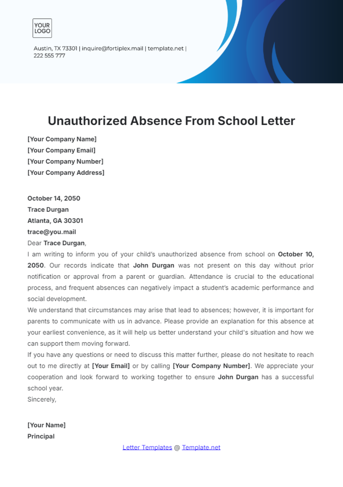 Unauthorized Absence from School Letter Template - Edit Online & Download