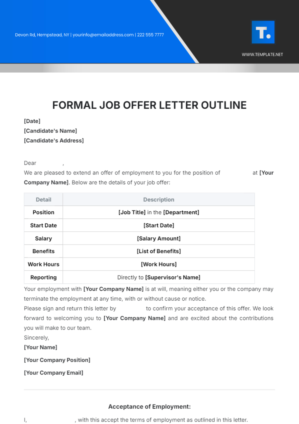 Free Formal Job Offer Letter Outline Template