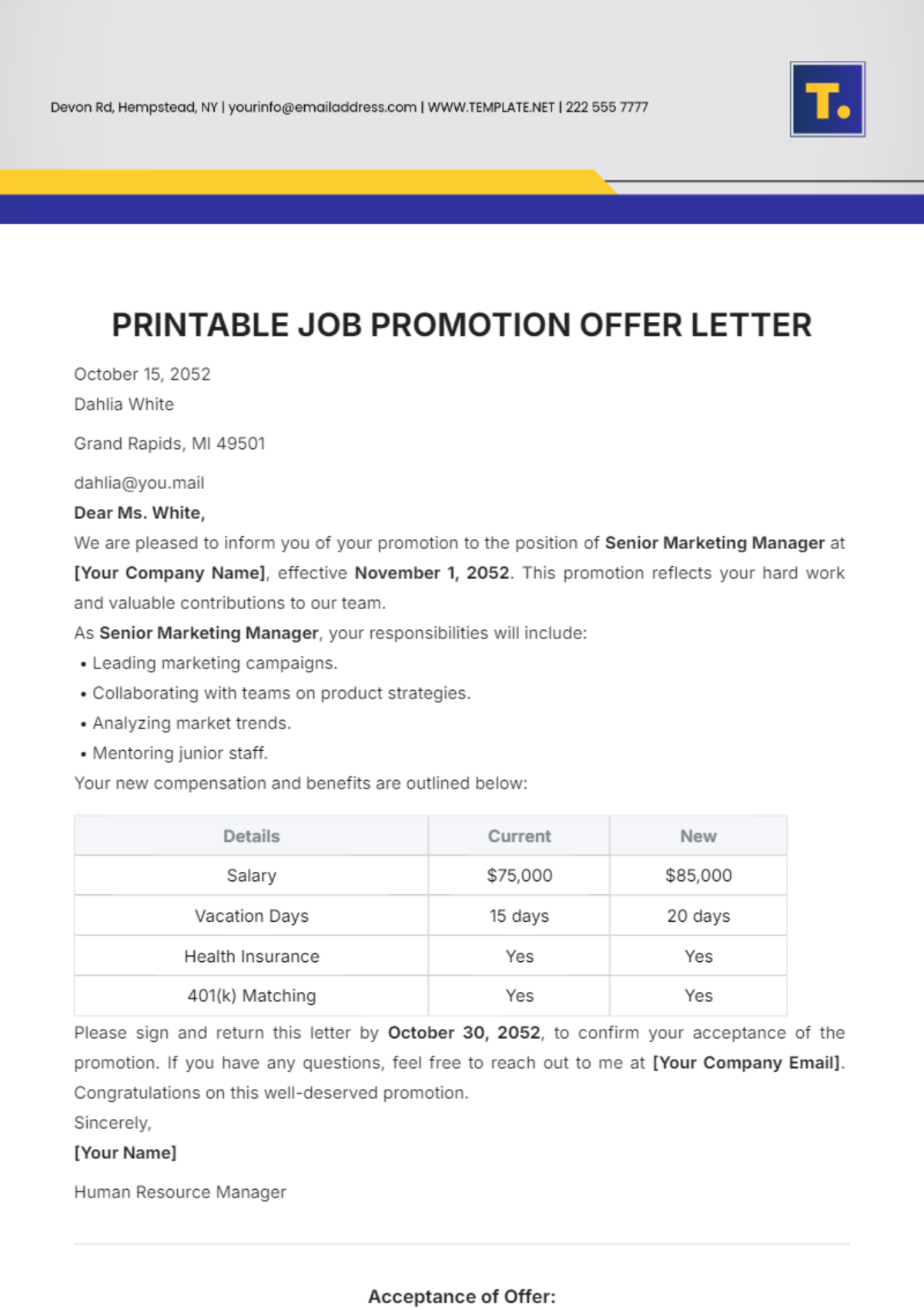 Free Printable Job Promotion Offer Letter Template