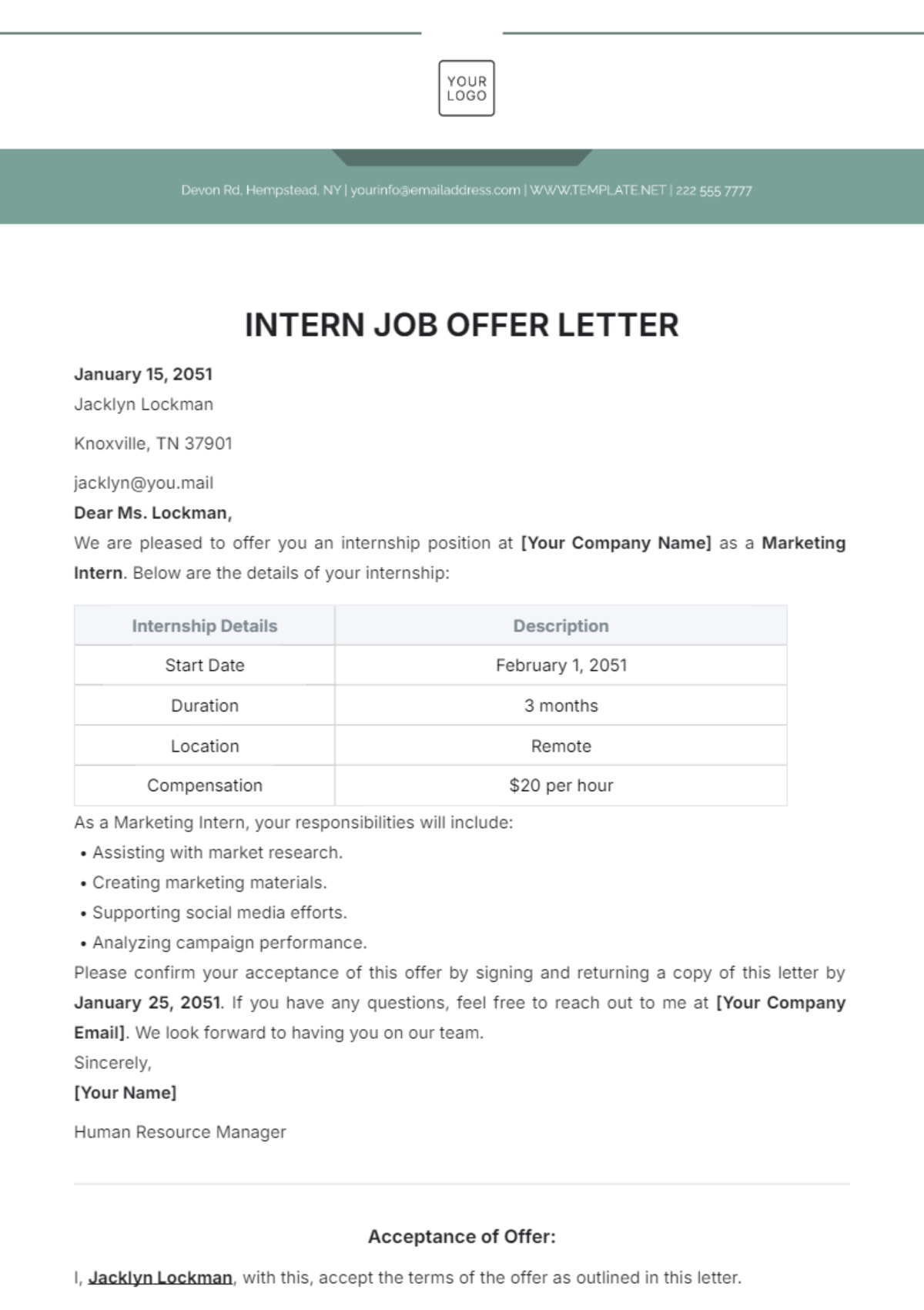 Free Intern Job Offer Letter Template