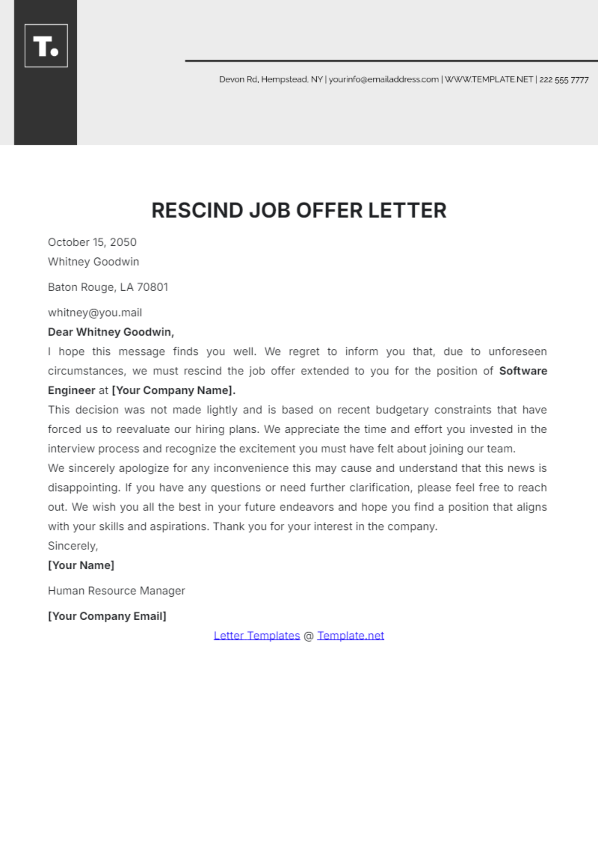 Free Rescind Job Offer Letter Template