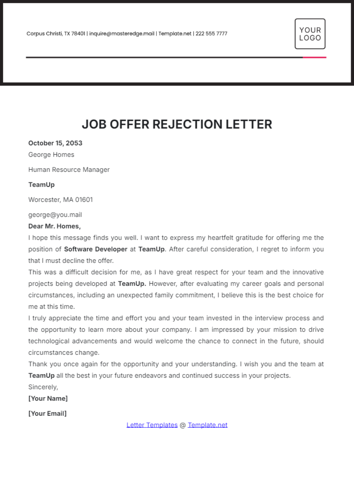 Free Job Offer Rejection Letter Template