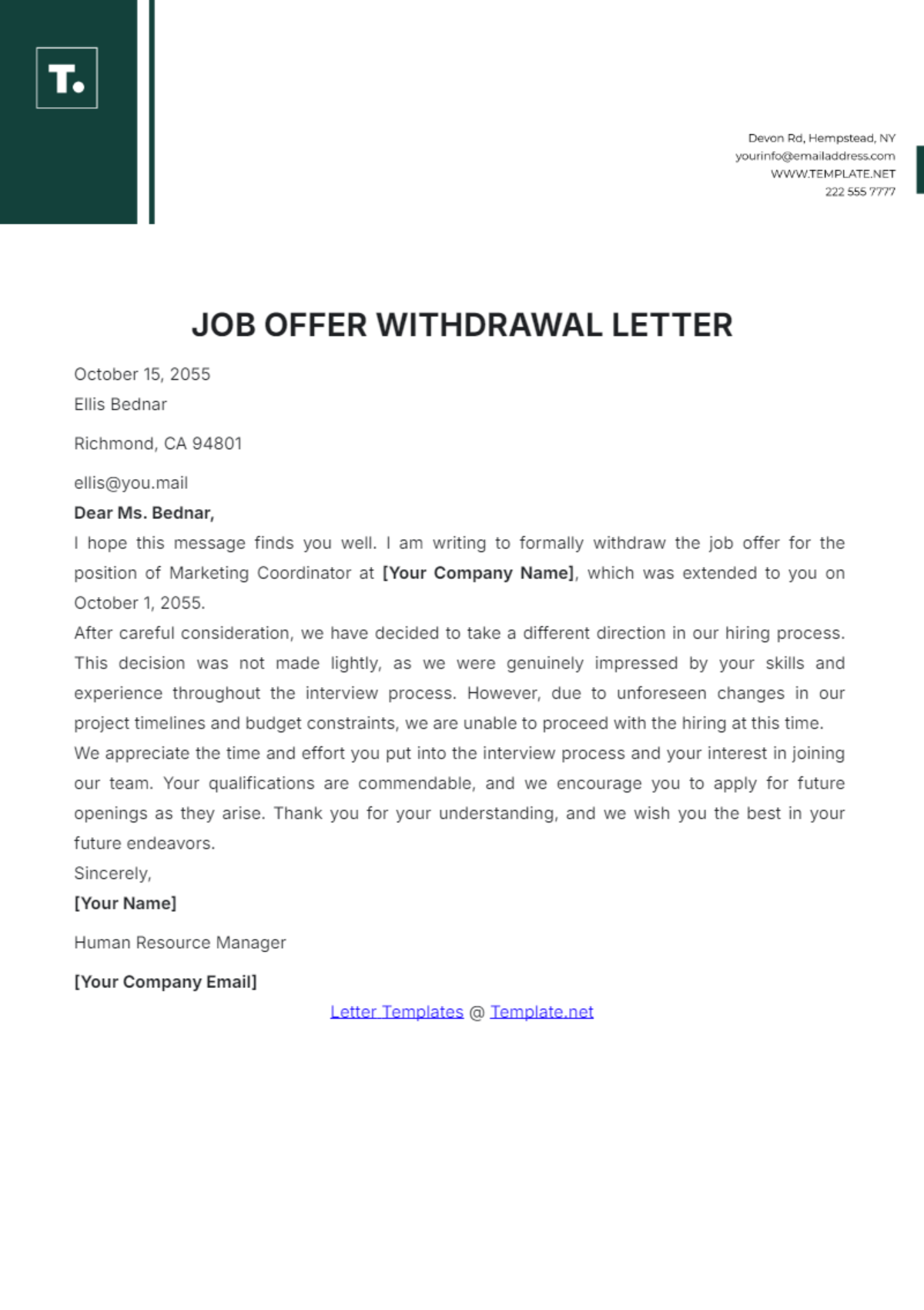 Free Job Offer Withdrawal Letter Template