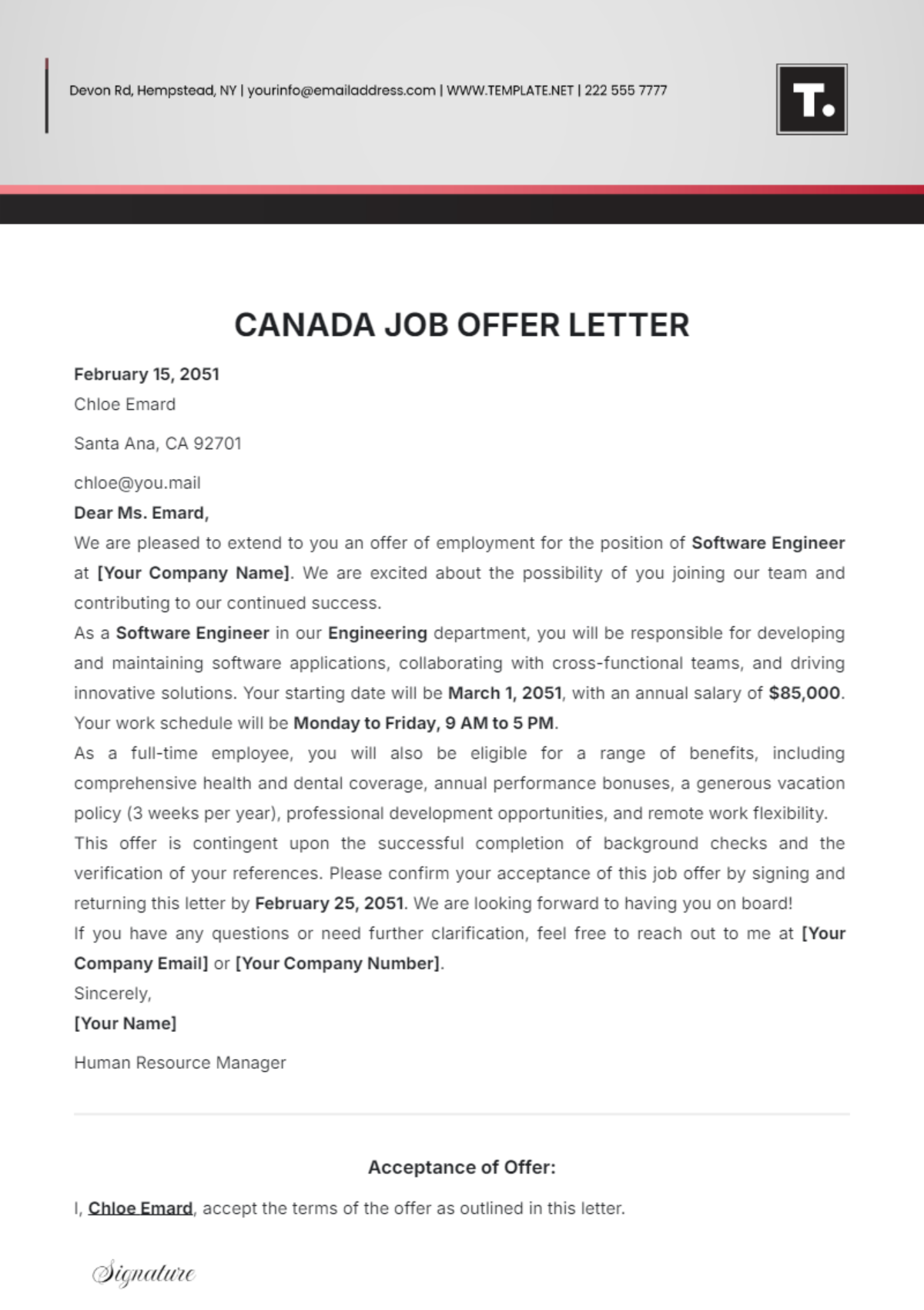 Free Canada Job Offer Letter Template