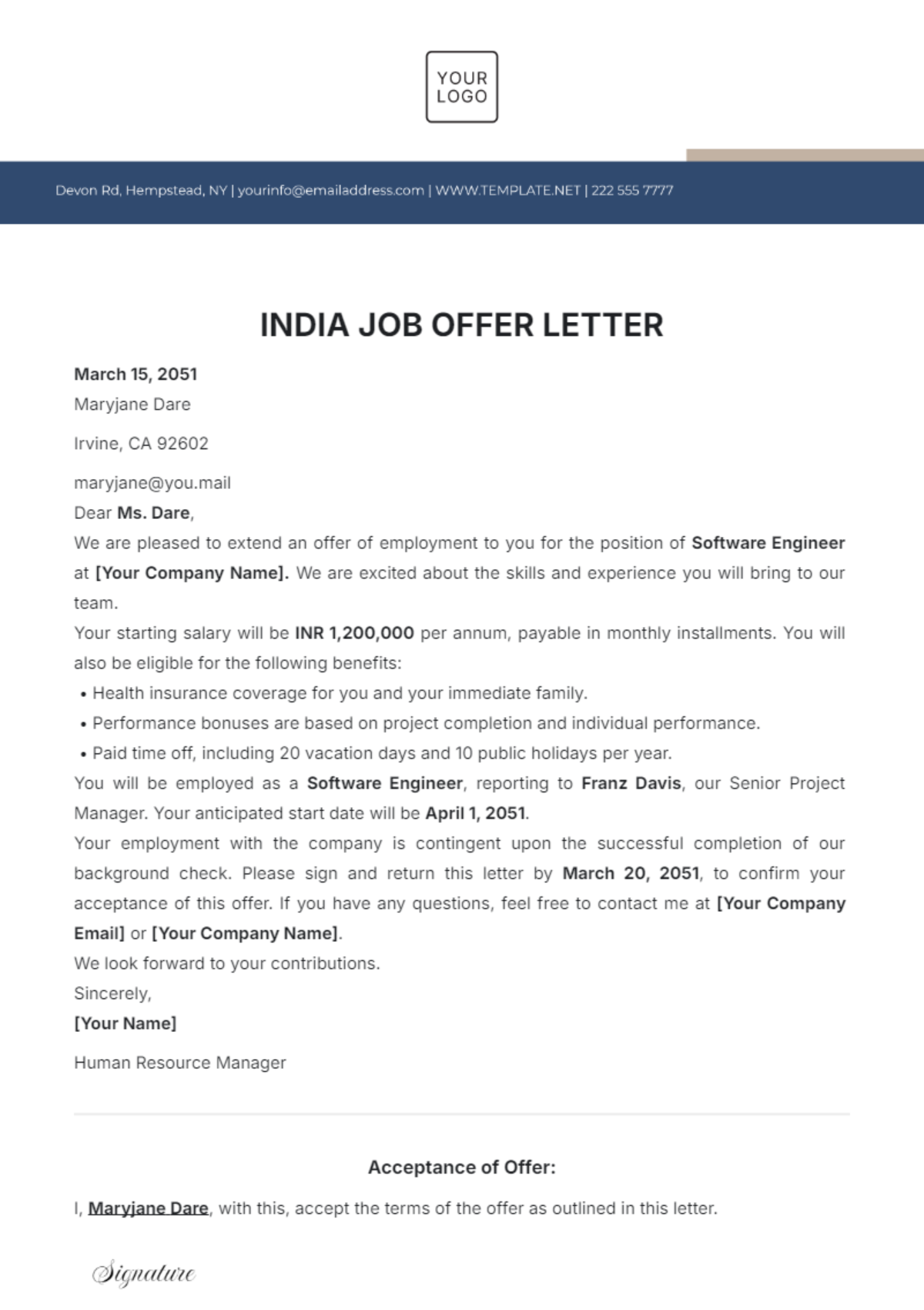 Free India Job Offer Letter Template