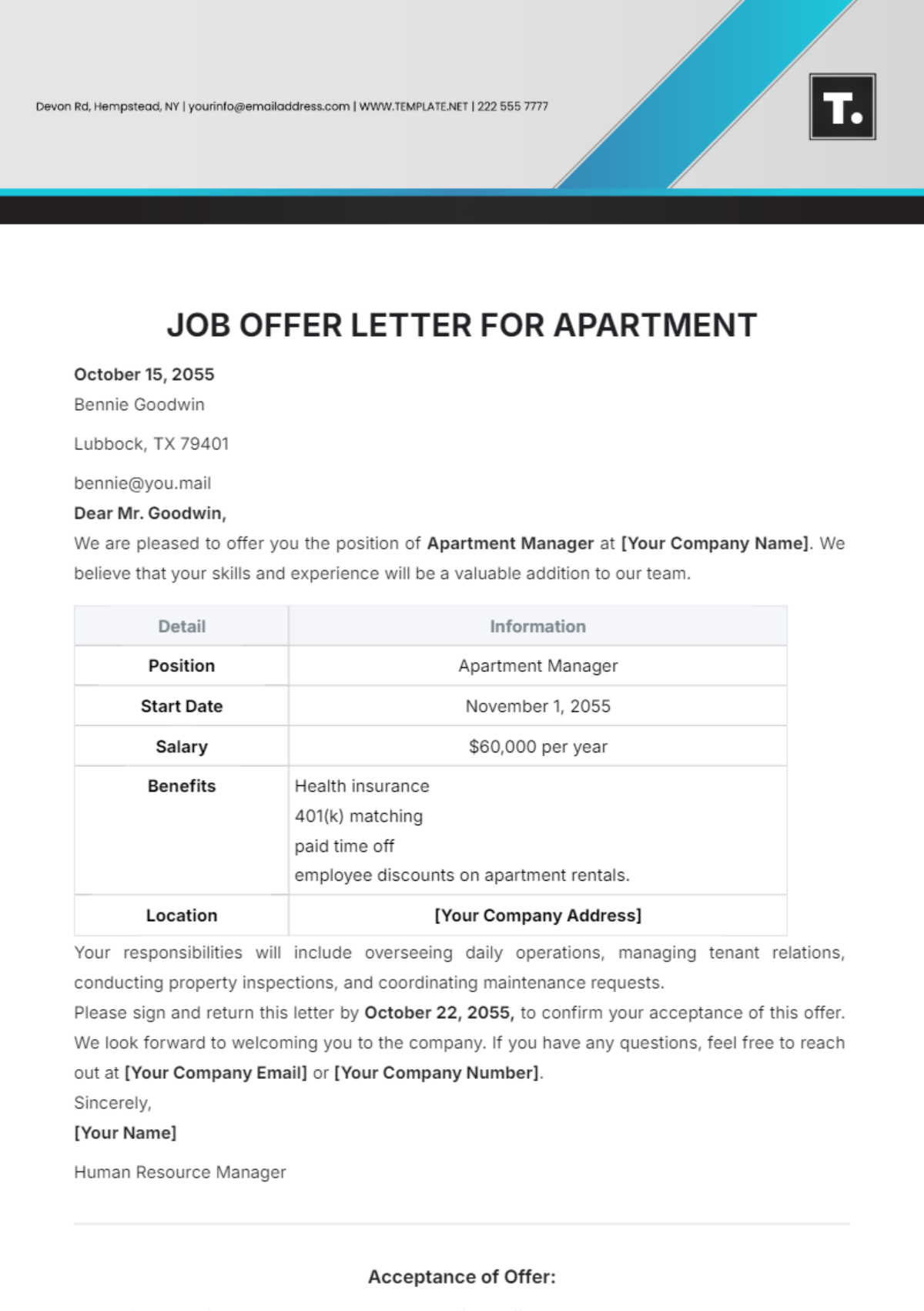 Free Job Offer Letter Template for Apartment