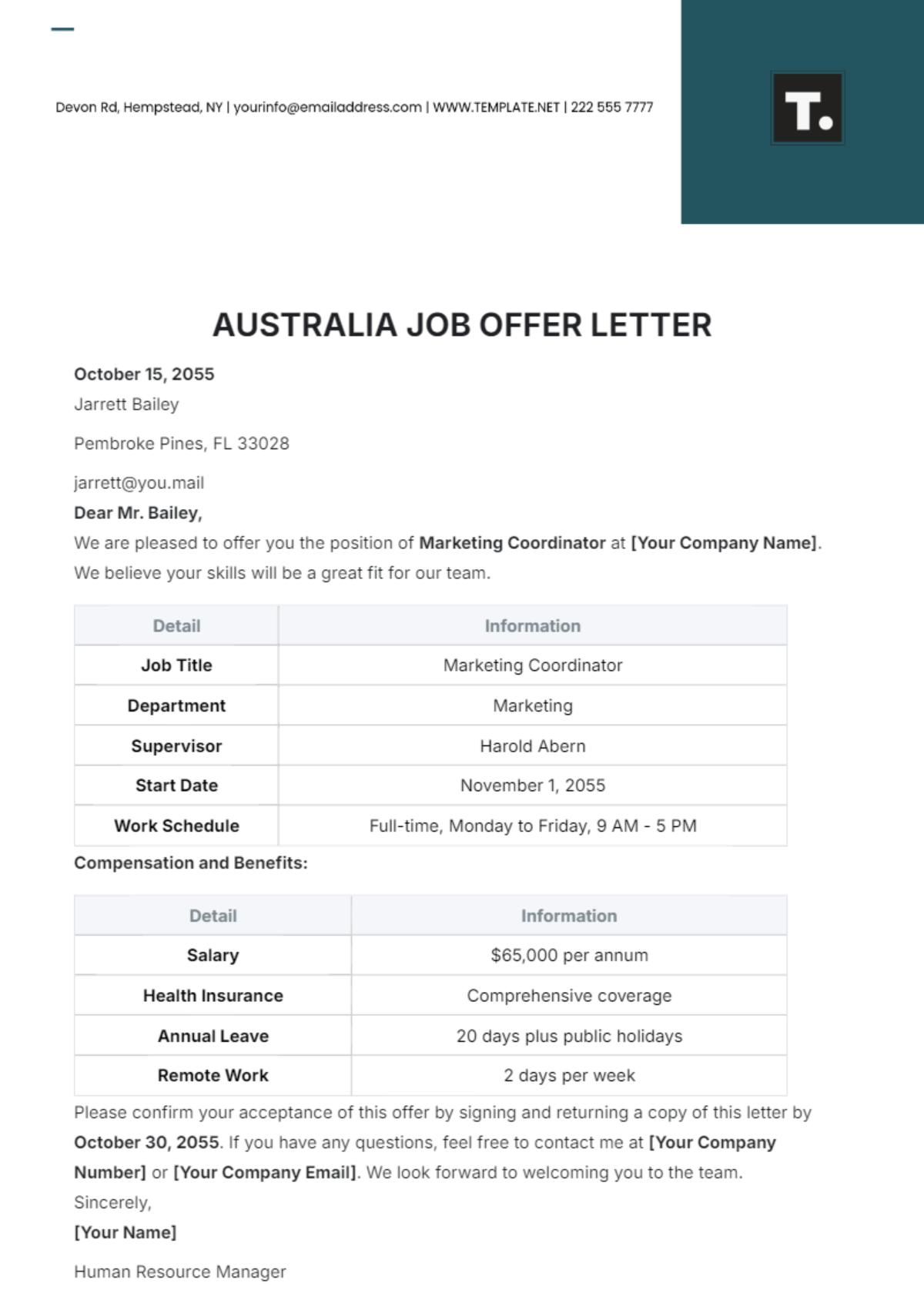 Free Australia Job Offer Letter Template