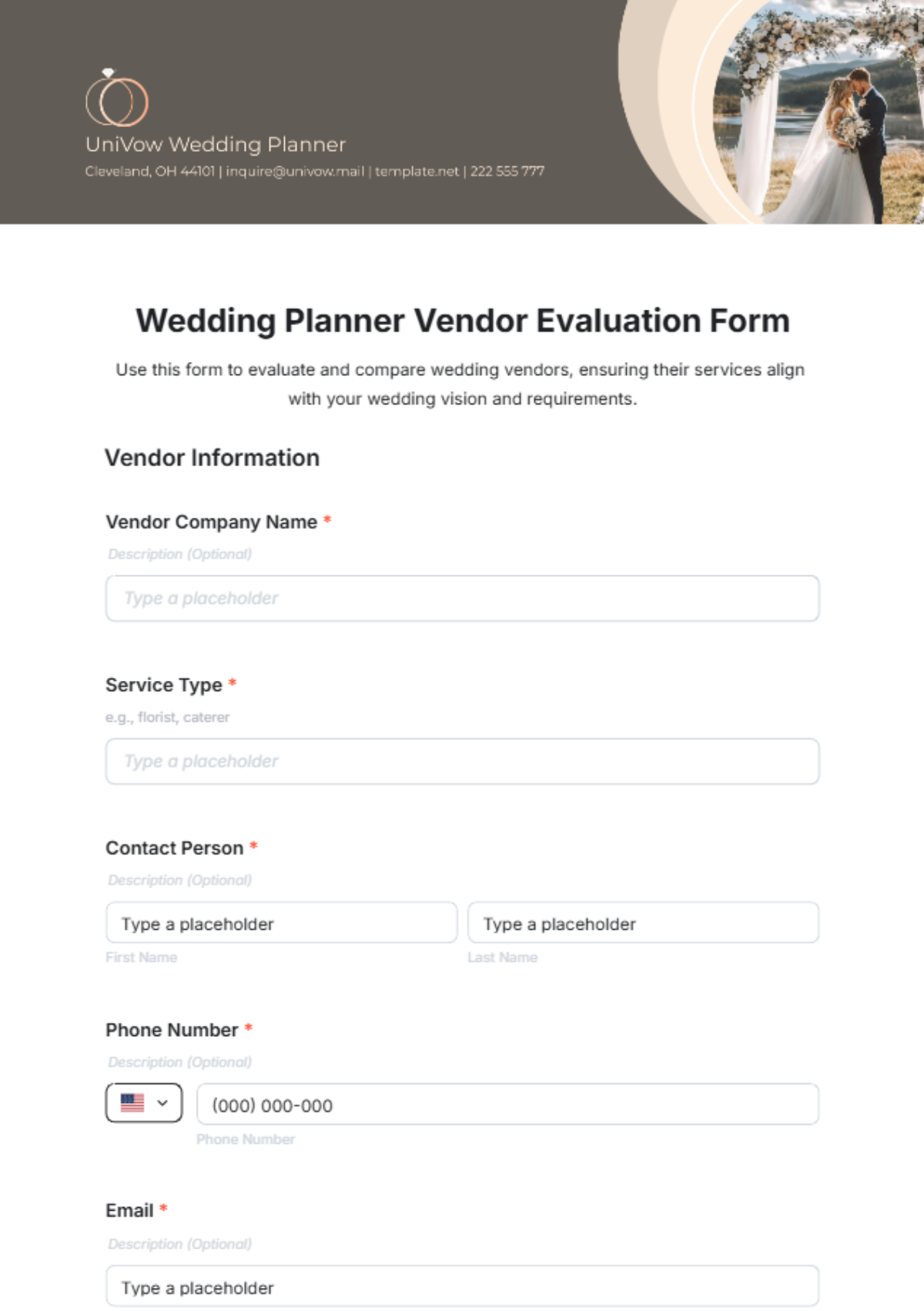 Wedding Planner Vendor Evaluation Form Template - Edit Online & Download