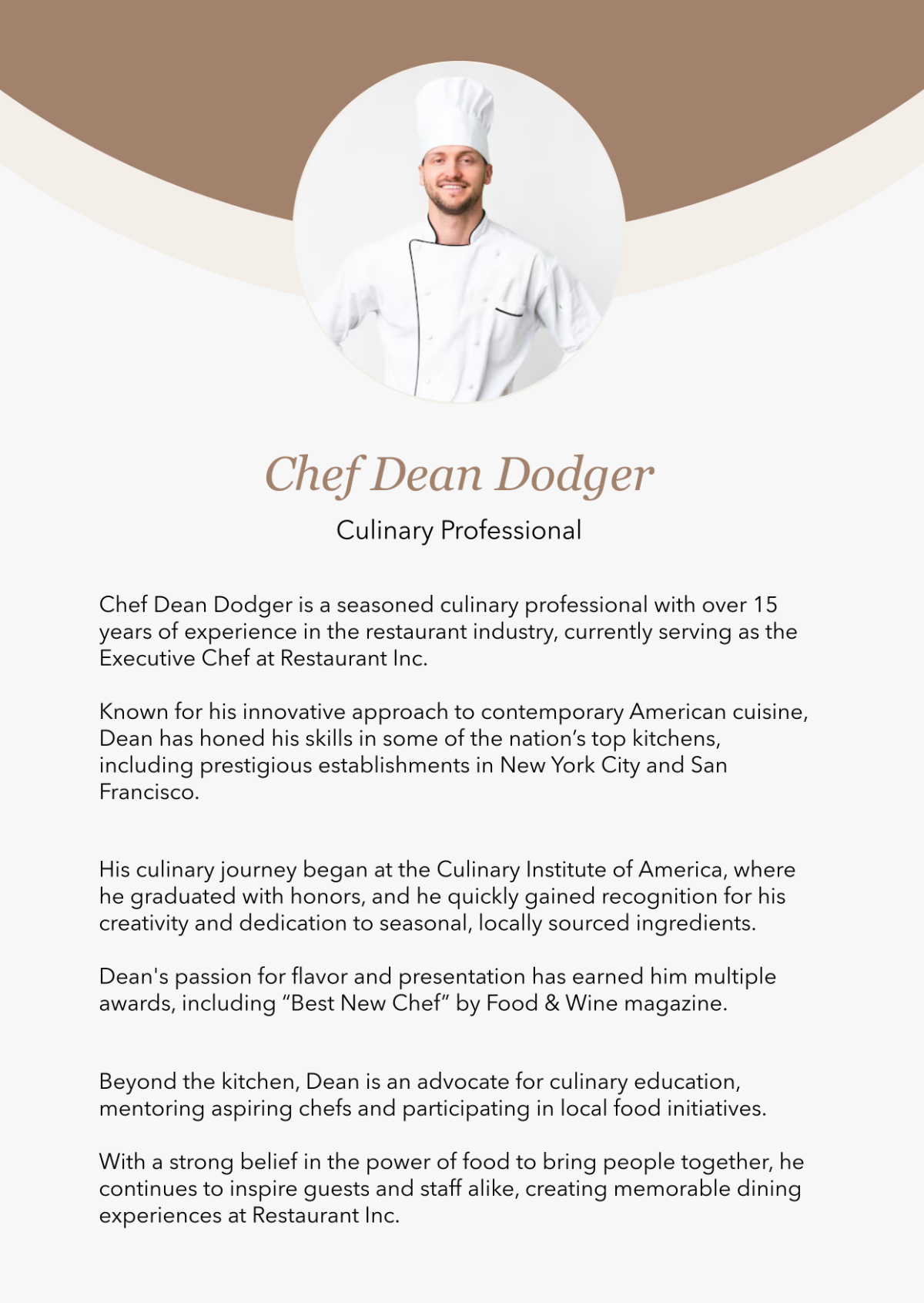 Free Chef Professional Bio Template