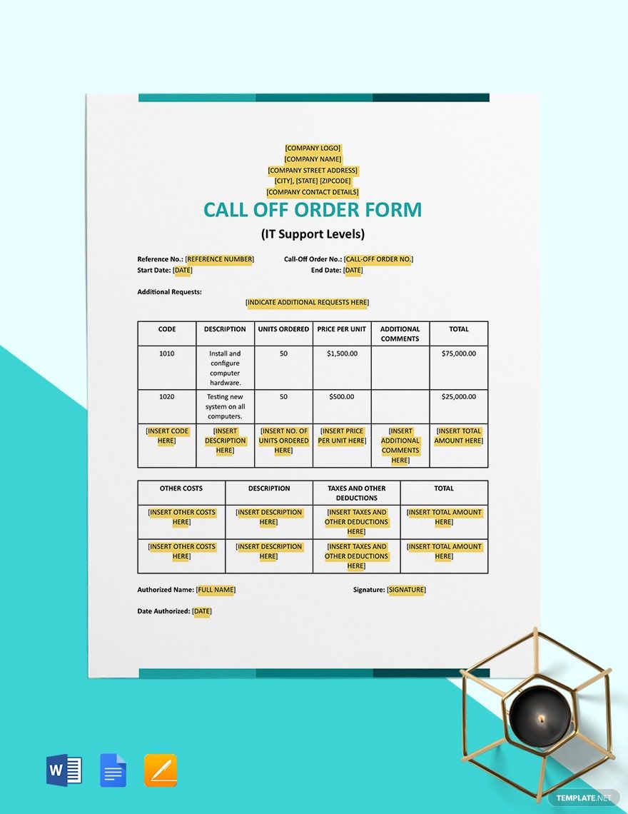 Call Off Order Form (IT Support Levels) Template in Pages, Word, Google Docs - Download | Template.net