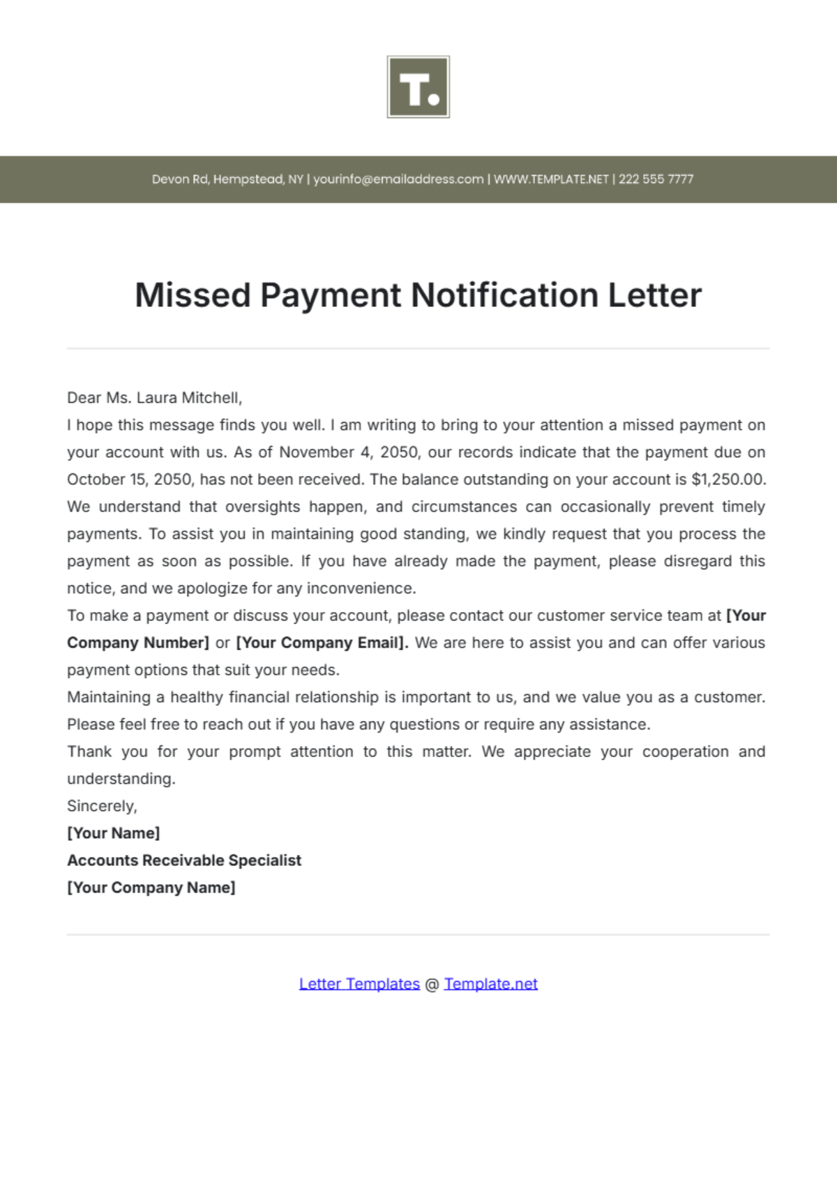 Free Missed Payment Notification Letter Template