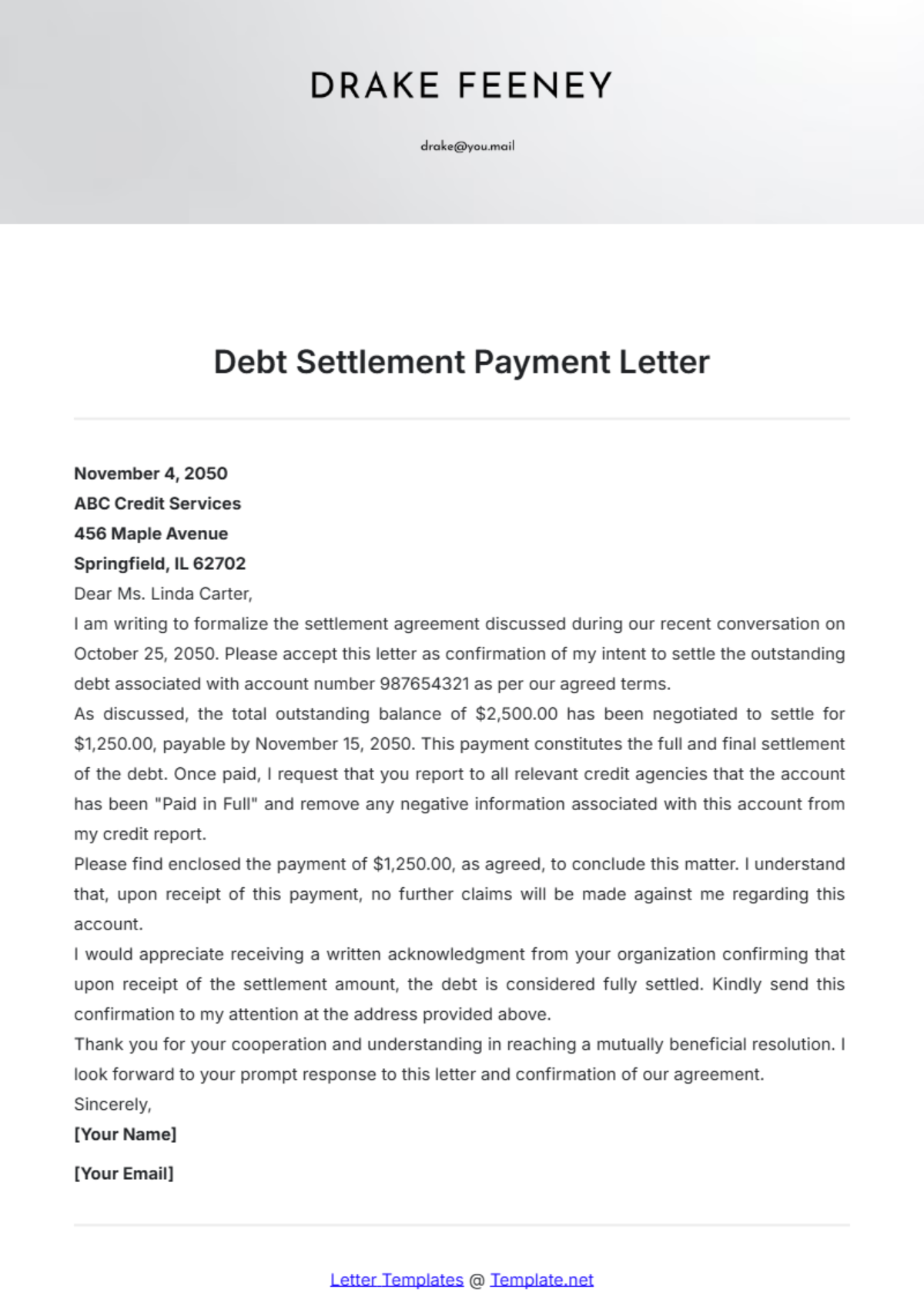 Free Debt Settlement Payment Letter Template