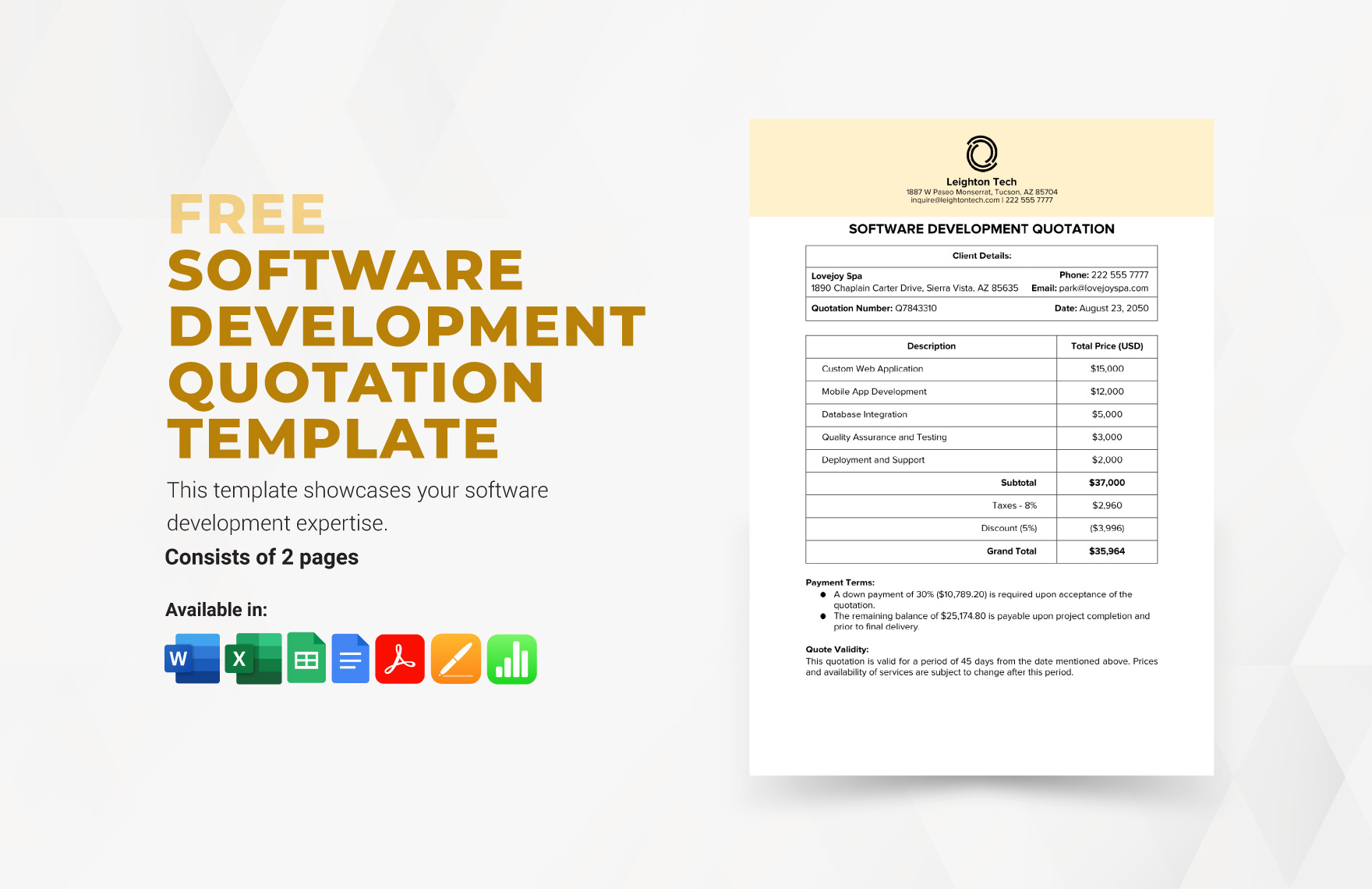 Software Development Quotation Template in Excel, Google Sheets, Pages, Apple Numbers, Word, PDF, Google Docs - Download | Template.net