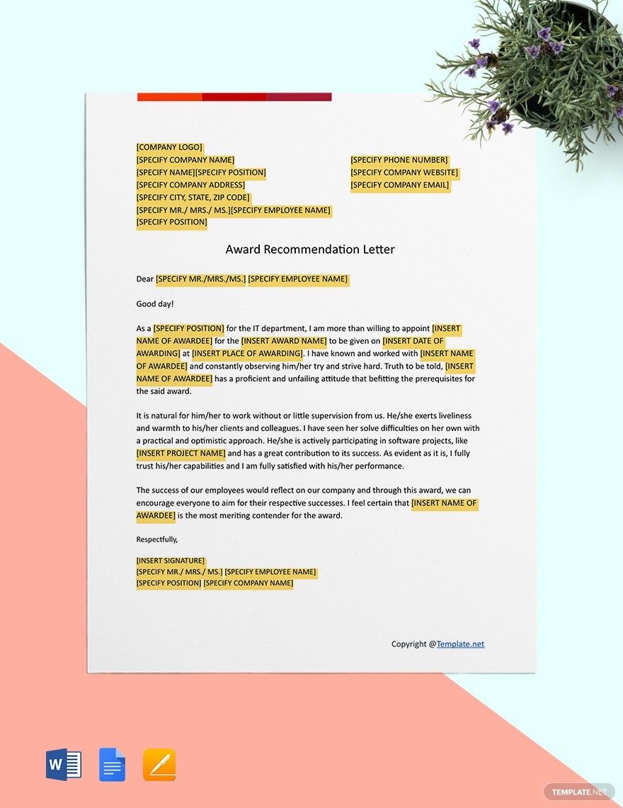 Award Recommendation Letter in Word, Google Docs, Pages, PDF - Download | Template.net