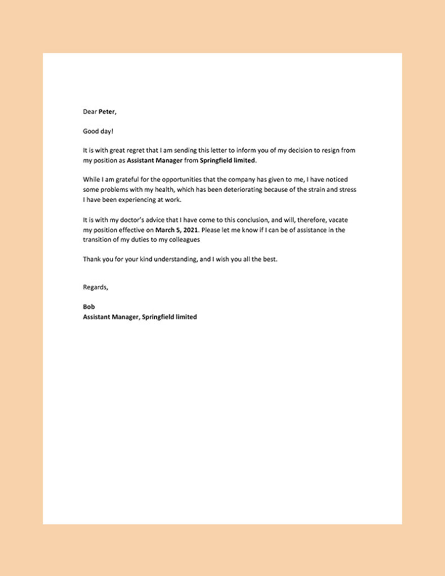 Resignation Due To Health Issues Customer Service Manager Cv Template ...