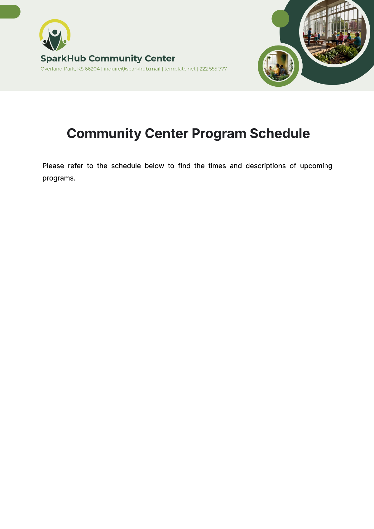 Community Center Program Schedule Template - Edit Online & Download