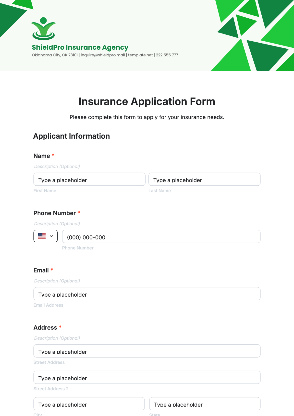 Free Insurance Application Form Template